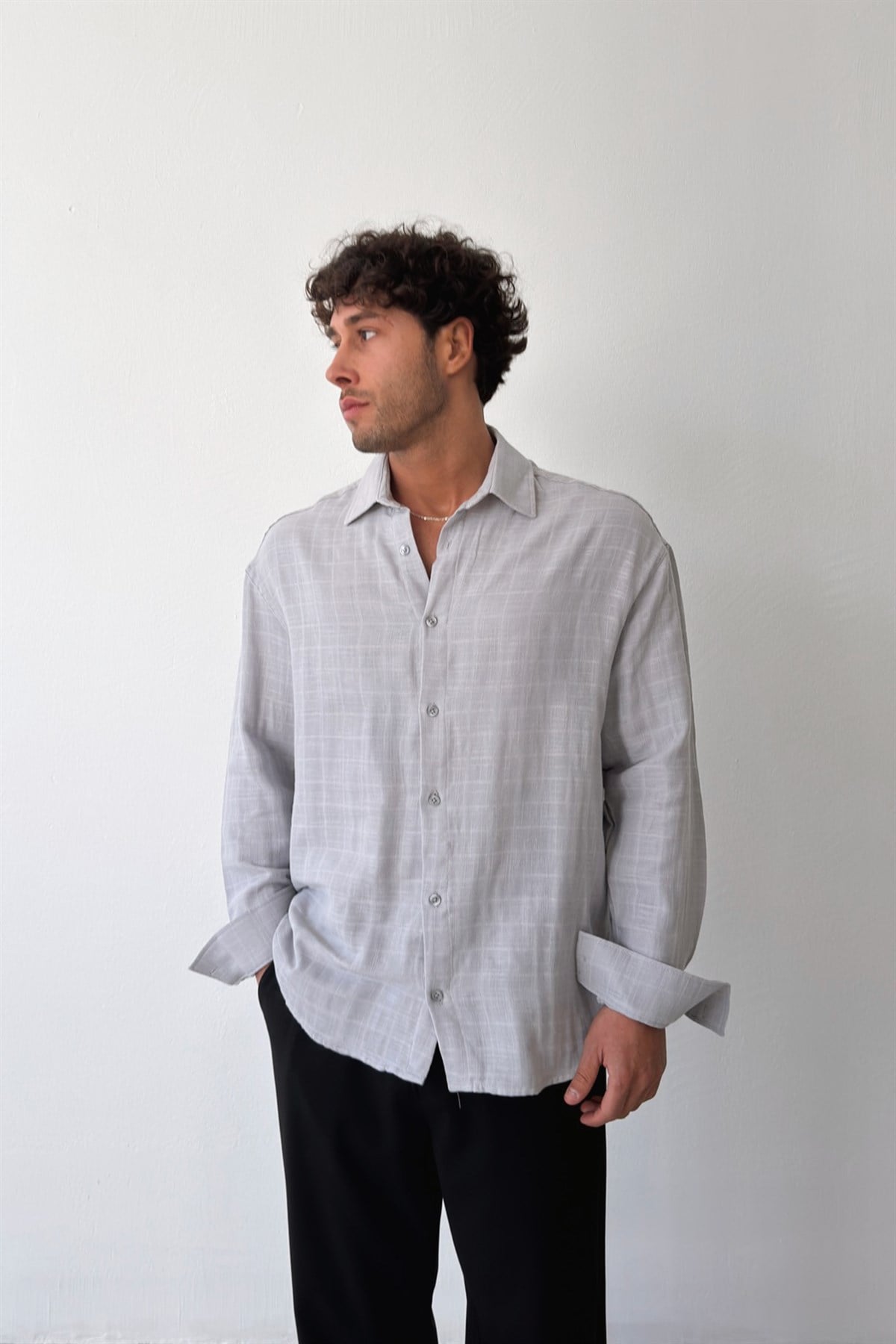 Basic Gri Pamuklu Keten Oversize Gömlek