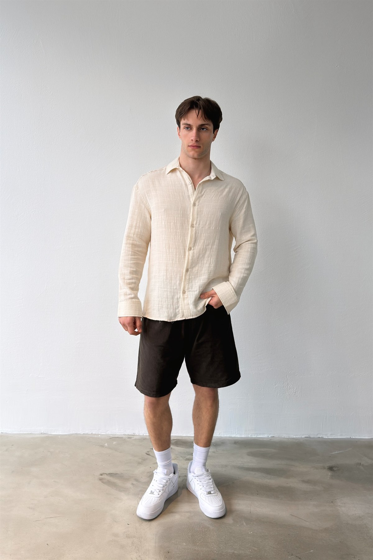 Basic Bej Pamuklu Keten Oversize Gömlek
