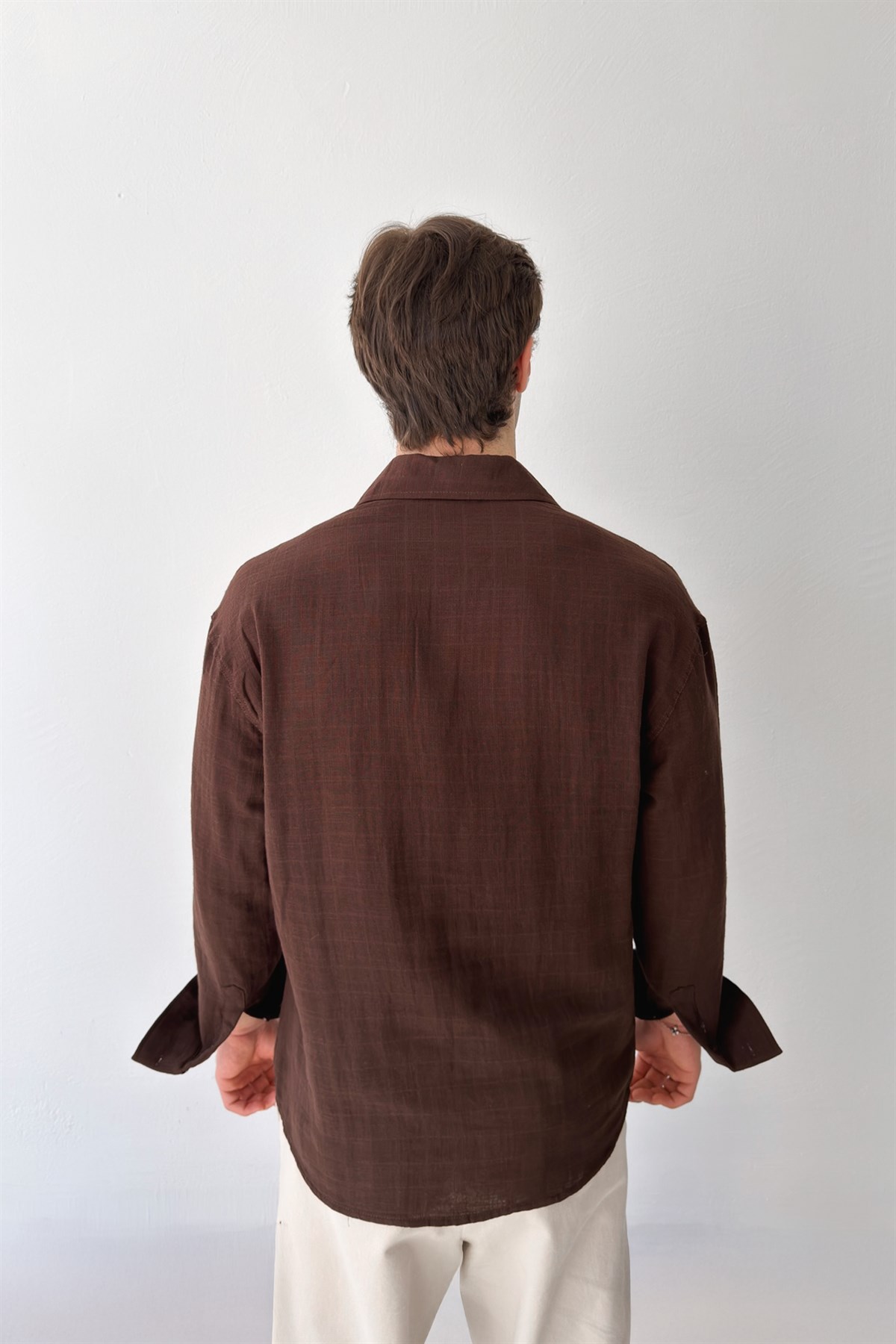 Basic Kahverengi Pamuklu Keten Oversize Gömlek