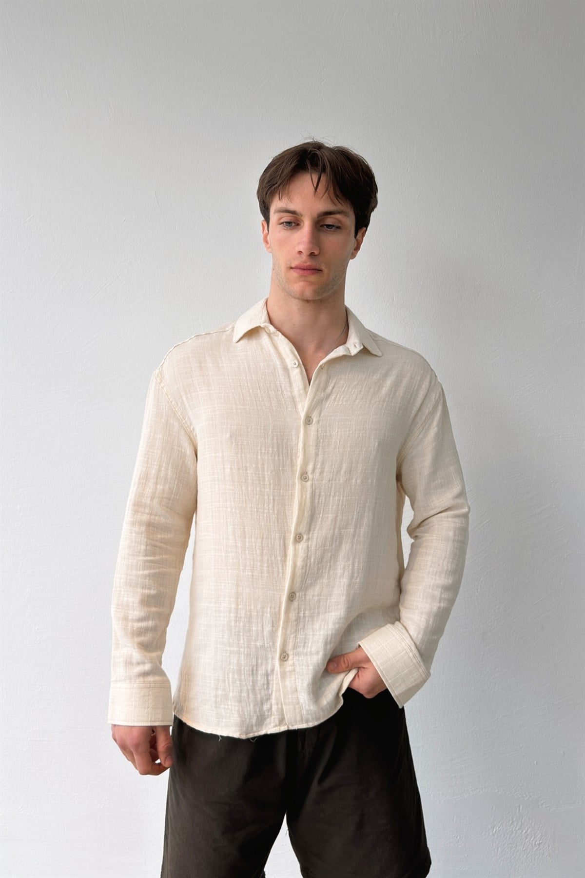 Basic Bej Pamuklu Keten Oversize Gömlek