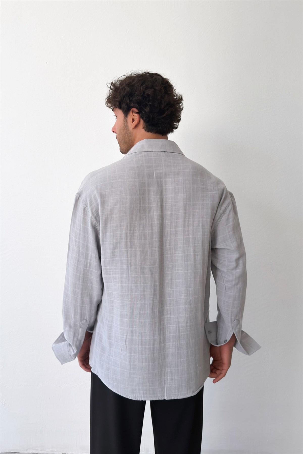 Basic Gri Pamuklu Keten Oversize Gömlek