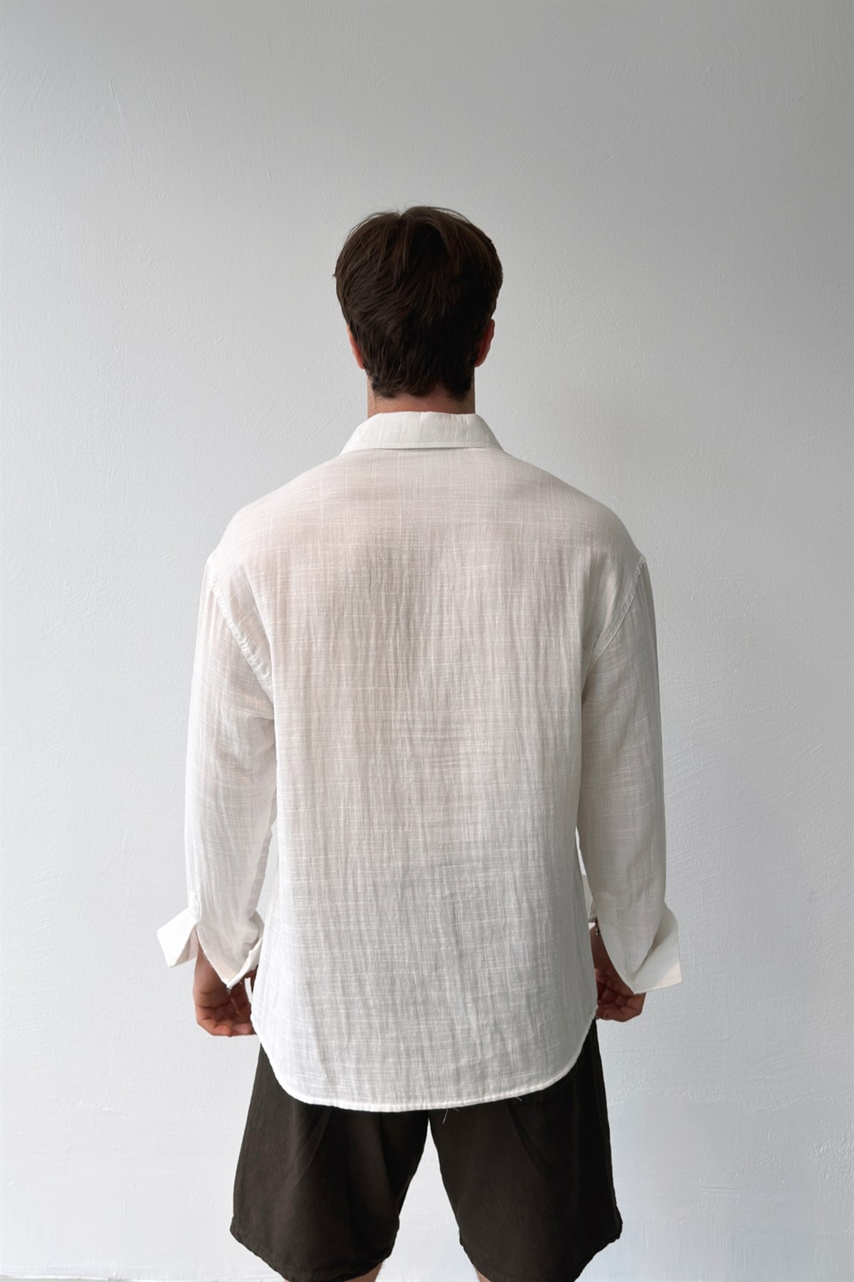 Basic Ekru Pamuklu Keten Oversize Gömlek