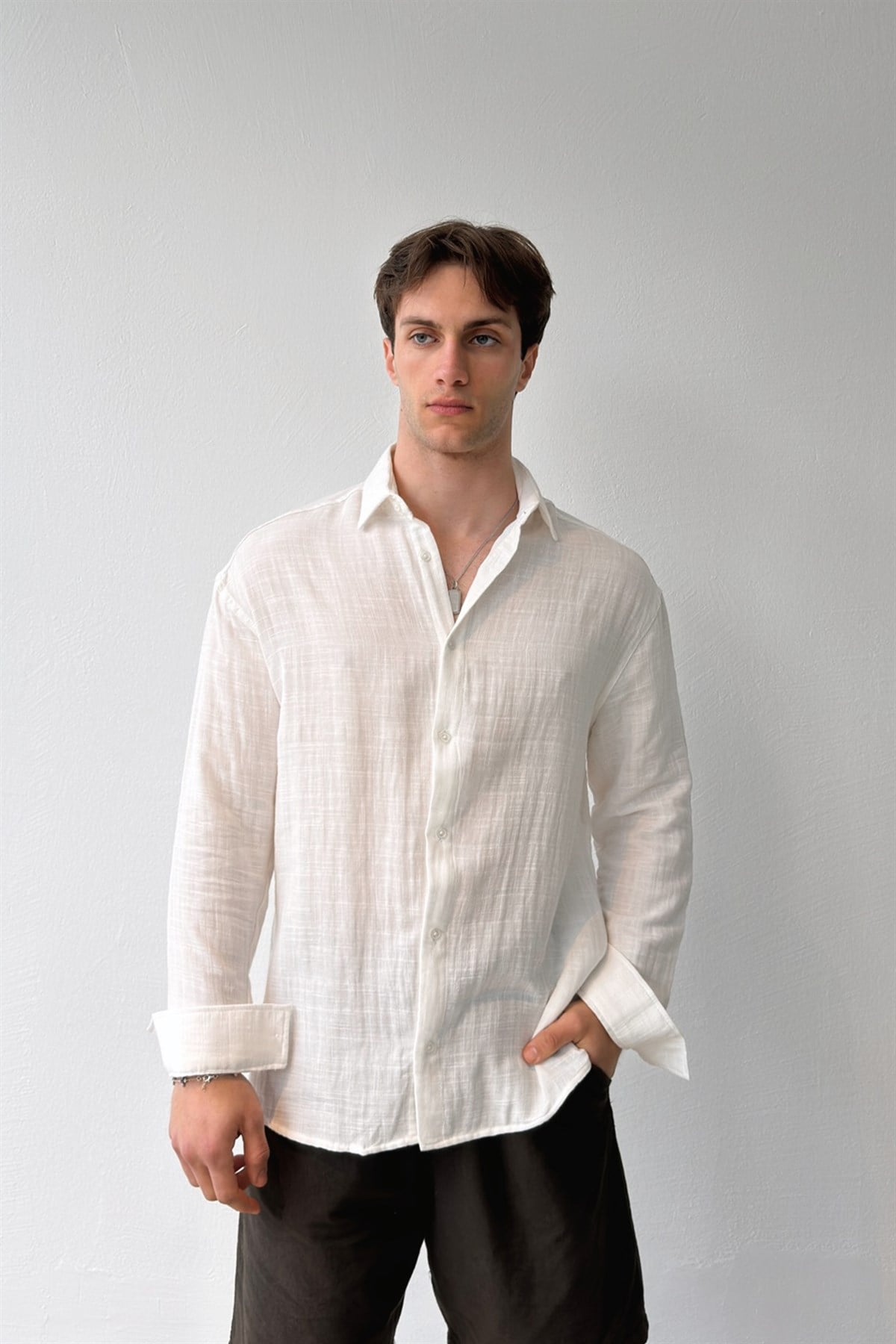 Basic Ekru Pamuklu Keten Oversize Gömlek