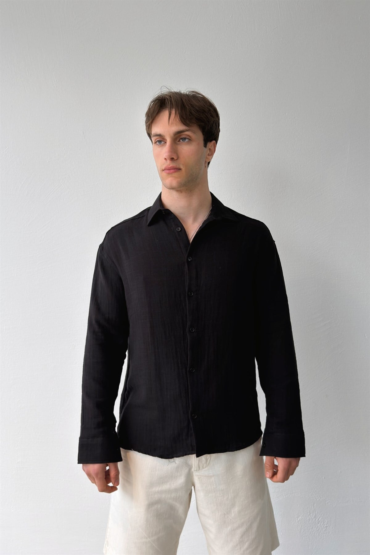 Basic Siyah Pamuklu Keten Oversize Gömlek
