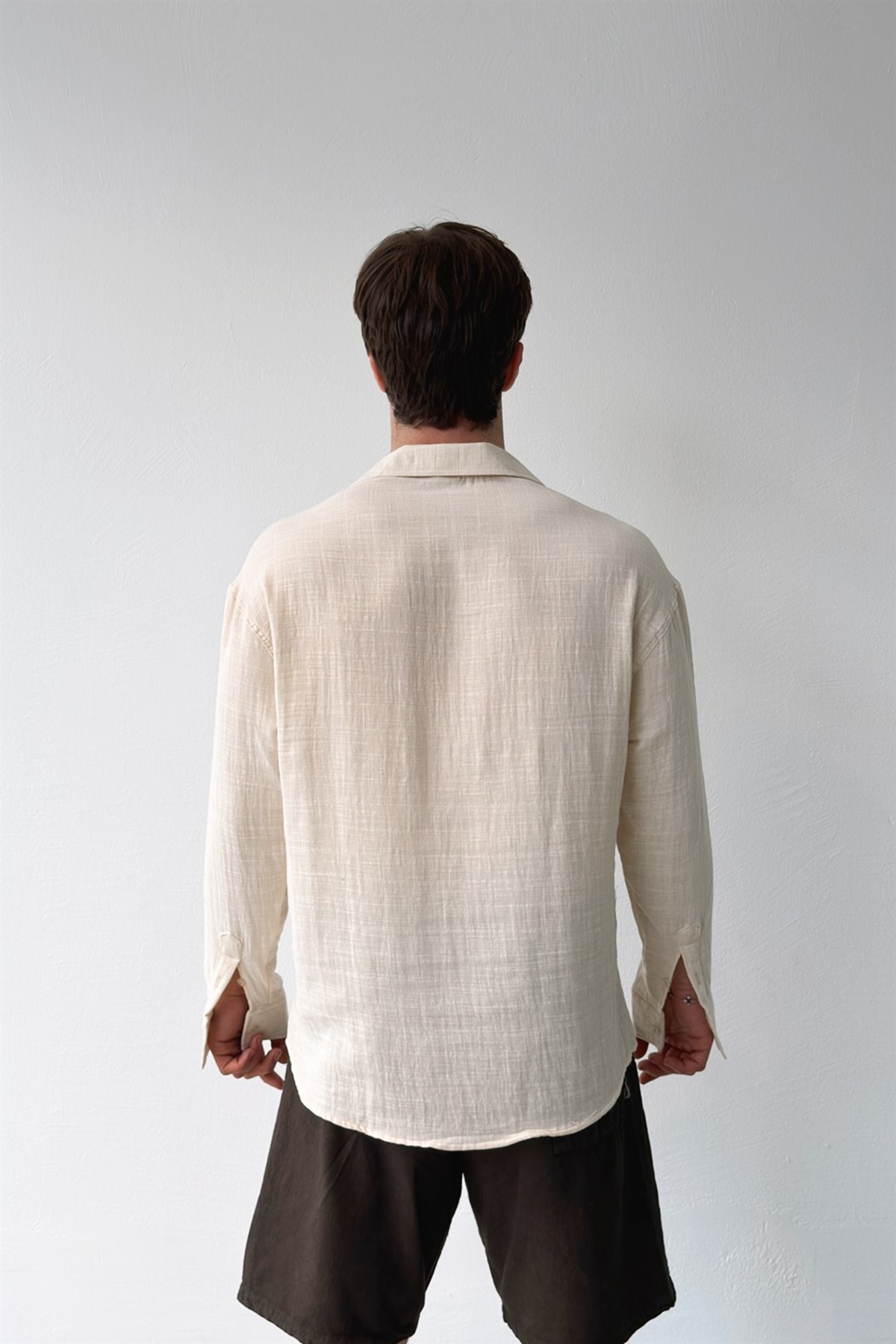 Basic Bej Pamuklu Keten Oversize Gömlek