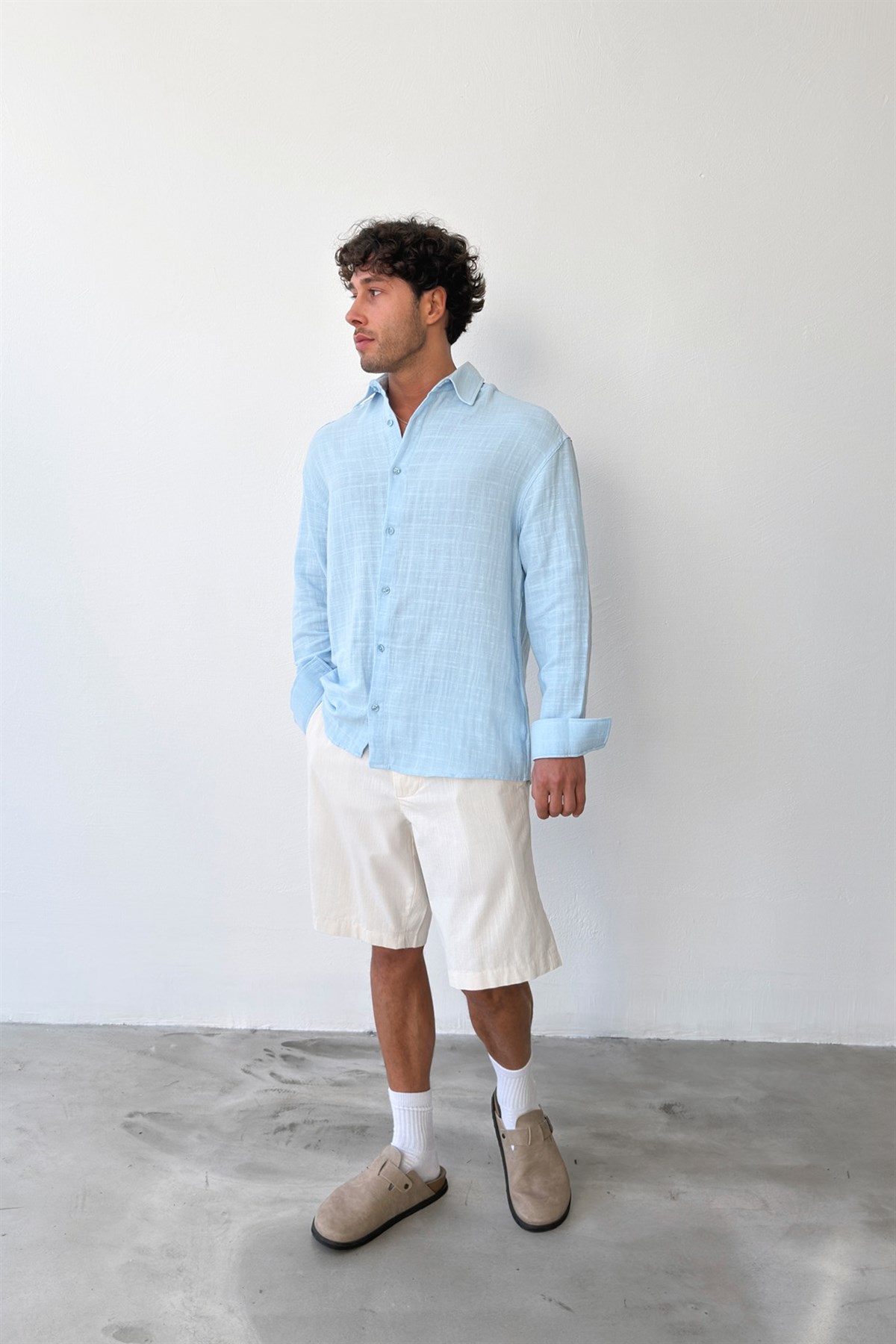 Basic Mavi Pamuklu Keten Oversize Gömlek