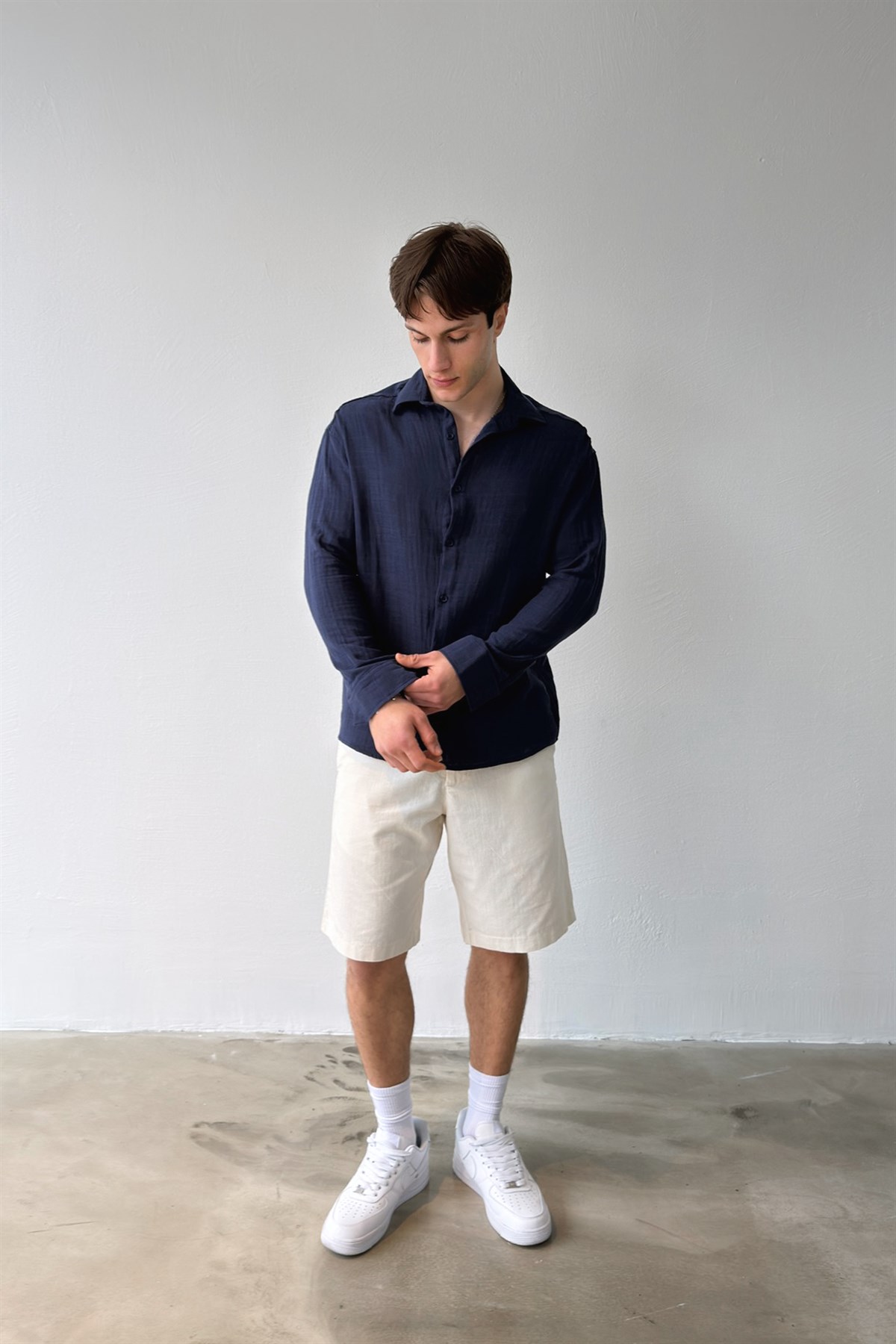 Basic Lacivert Pamuklu Keten Oversize Gömlek