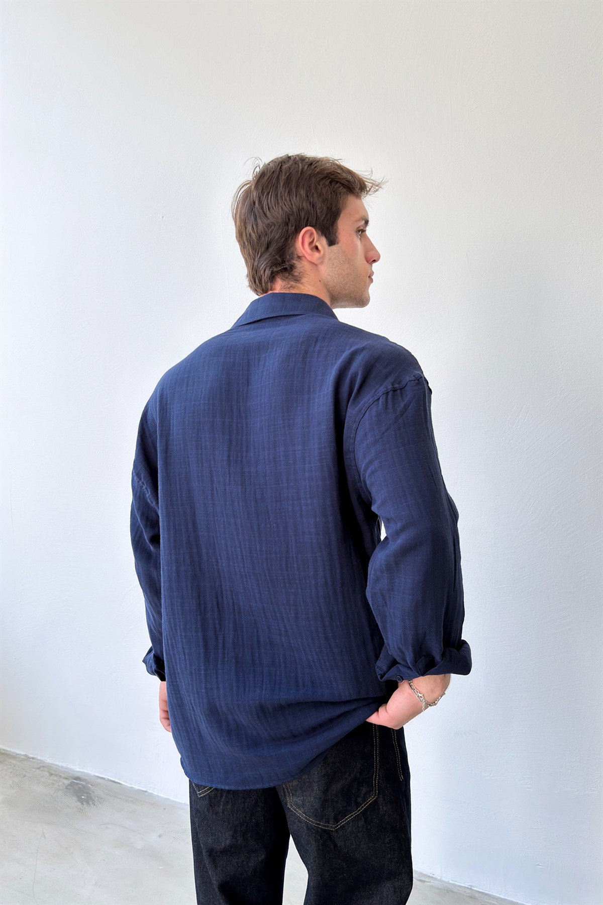 Basic Lacivert Pamuklu Keten Oversize Gömlek