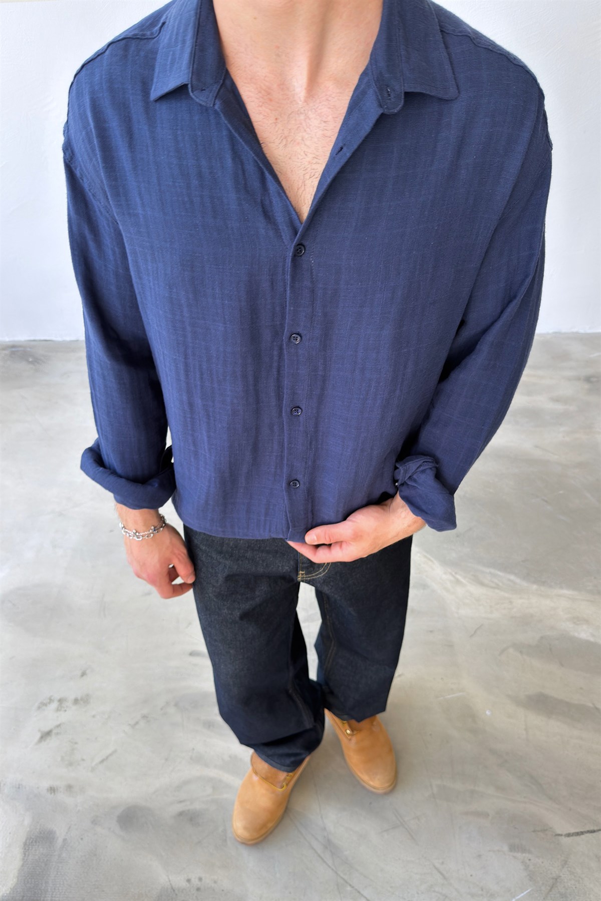 Basic Lacivert Pamuklu Keten Oversize Gömlek