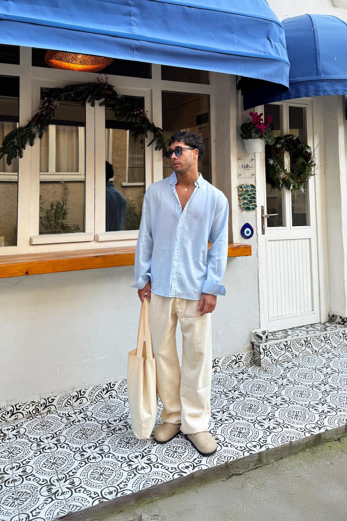 Basic Keten Gömlek Mavi