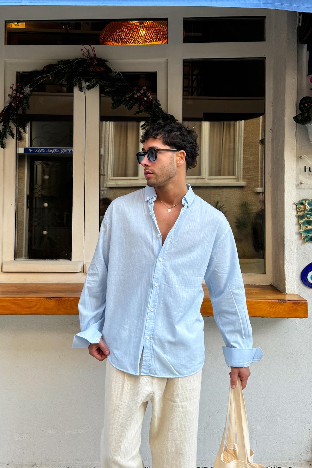 Basic Keten Gömlek Mavi