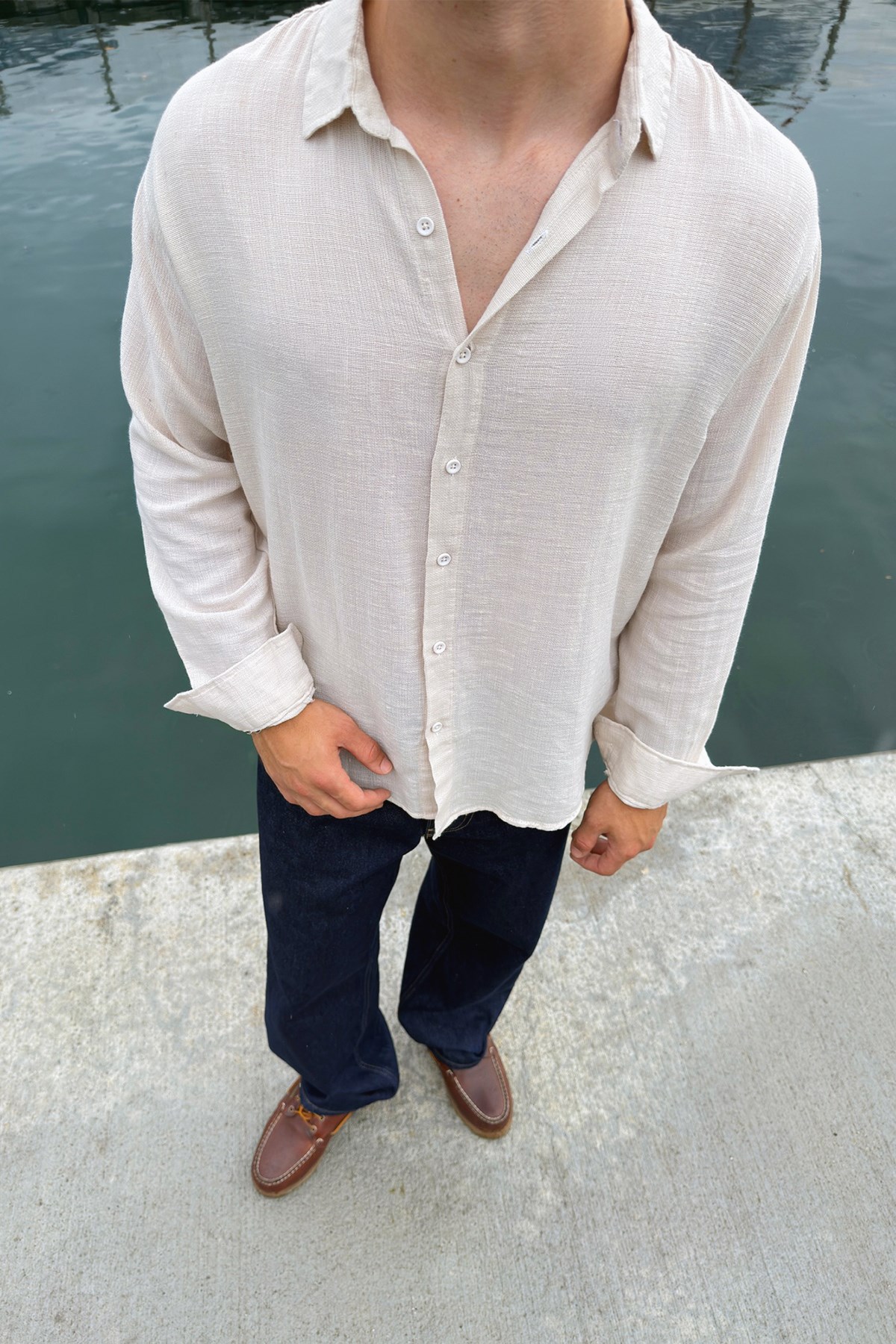 Basic Oversize Bej Ham Keten Gömlek