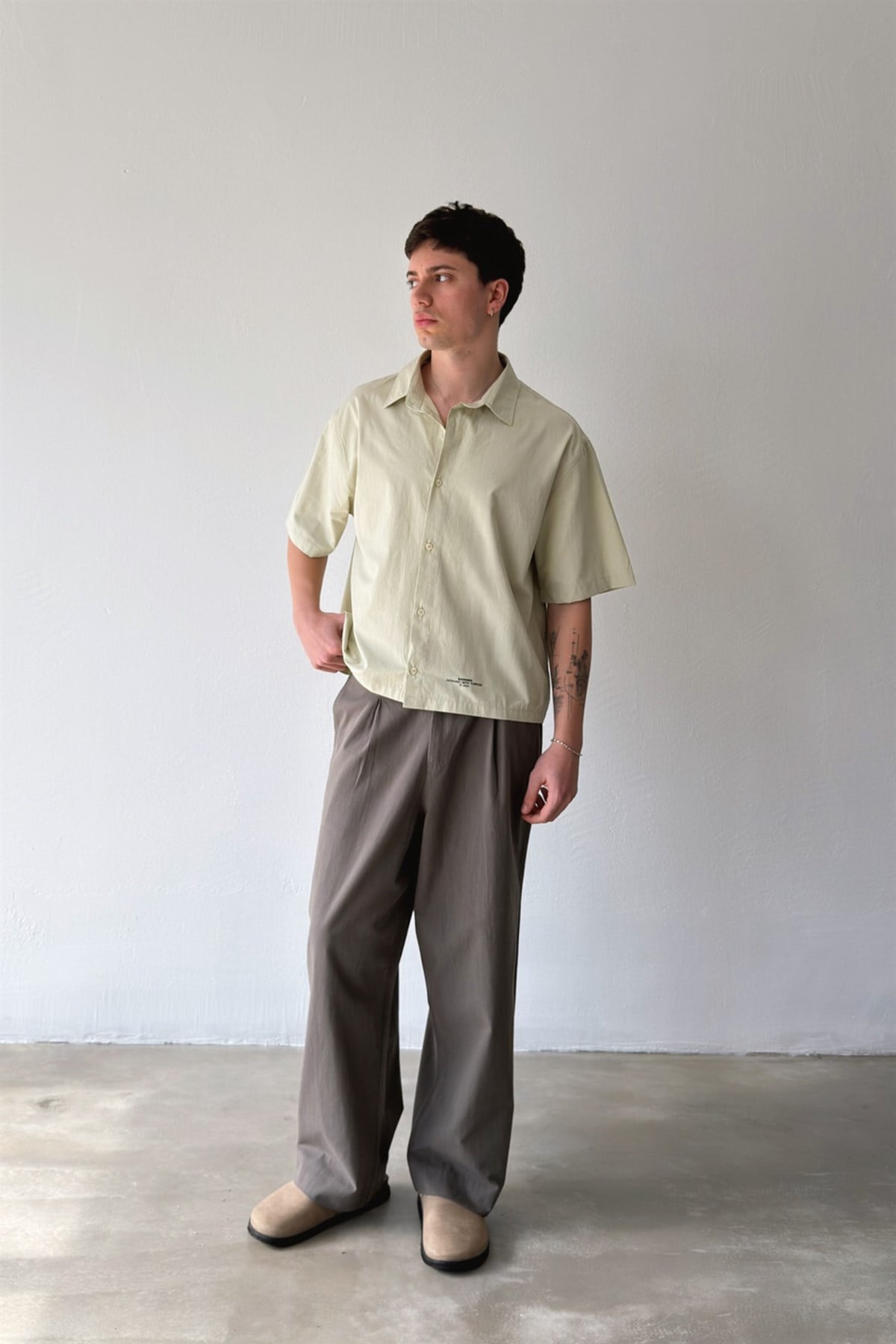 Basic Oversize Haki Poplin Crop Gömlek