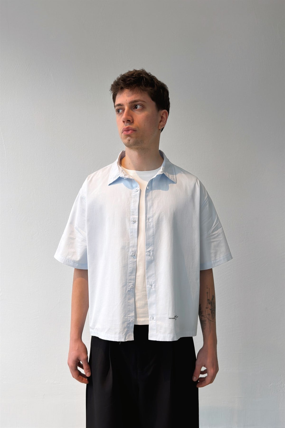 Basic Oversize Mavi Poplin Crop Gömlek