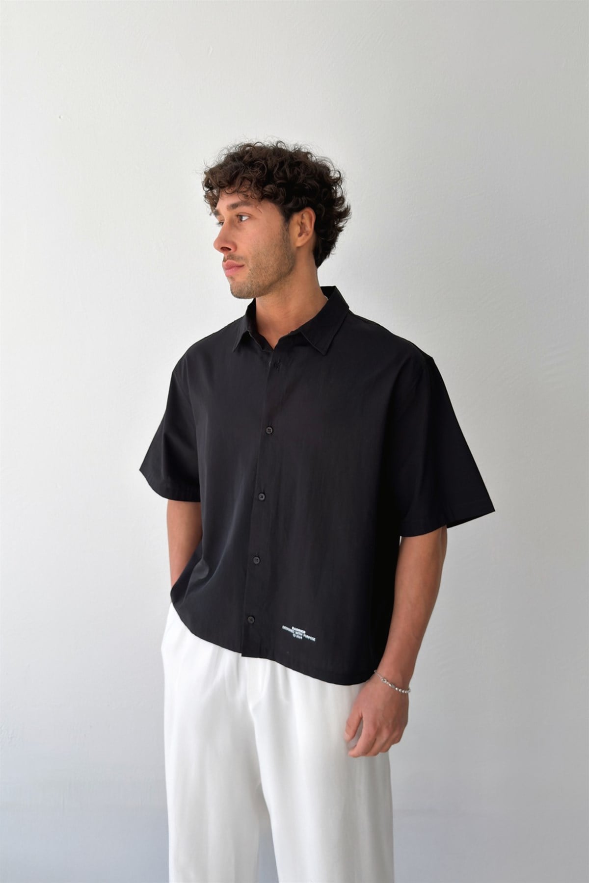 Basic Oversize Siyah Poplin Crop Gömlek