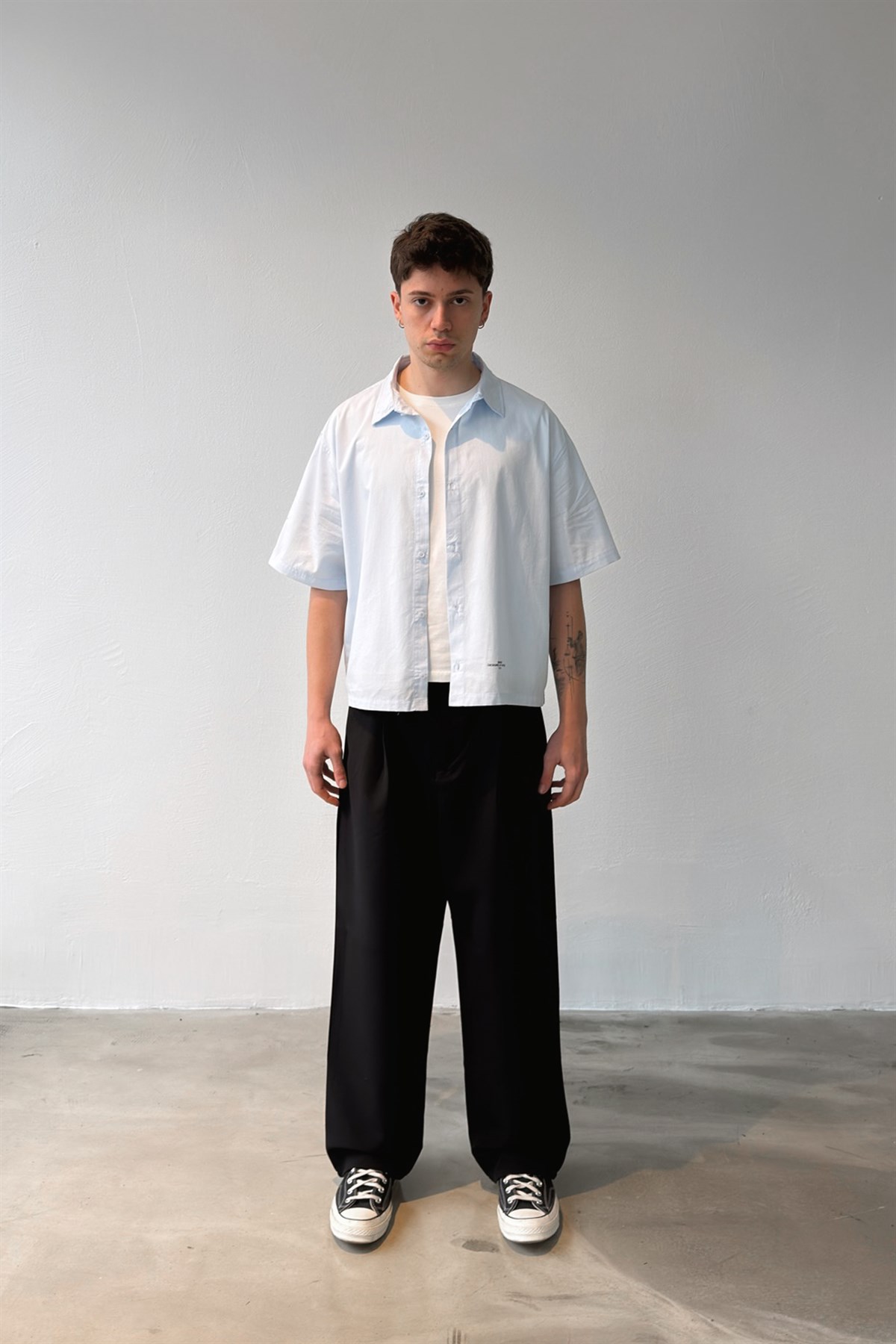 Basic Oversize Mavi Poplin Crop Gömlek