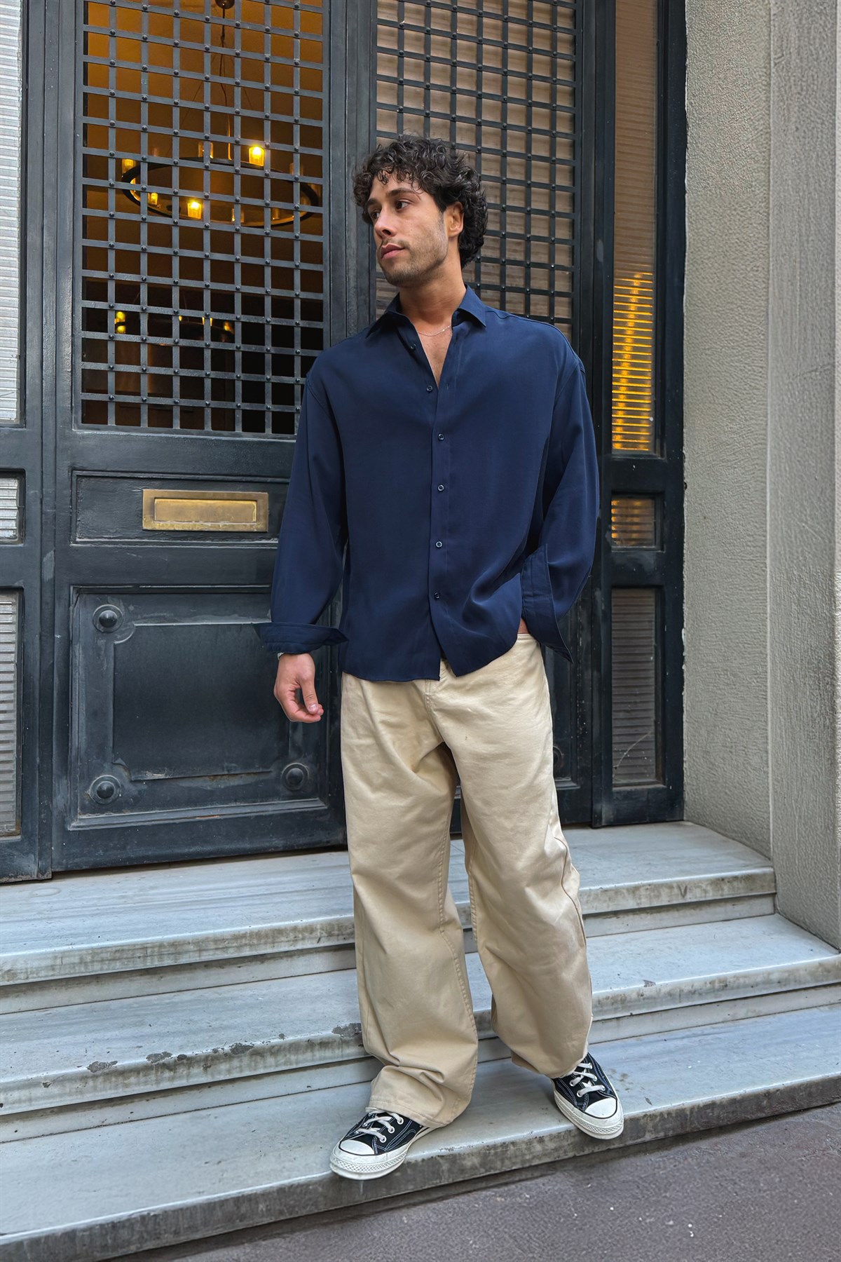 Basic Tensel Kumaş Lacivert Oversize Gömlek