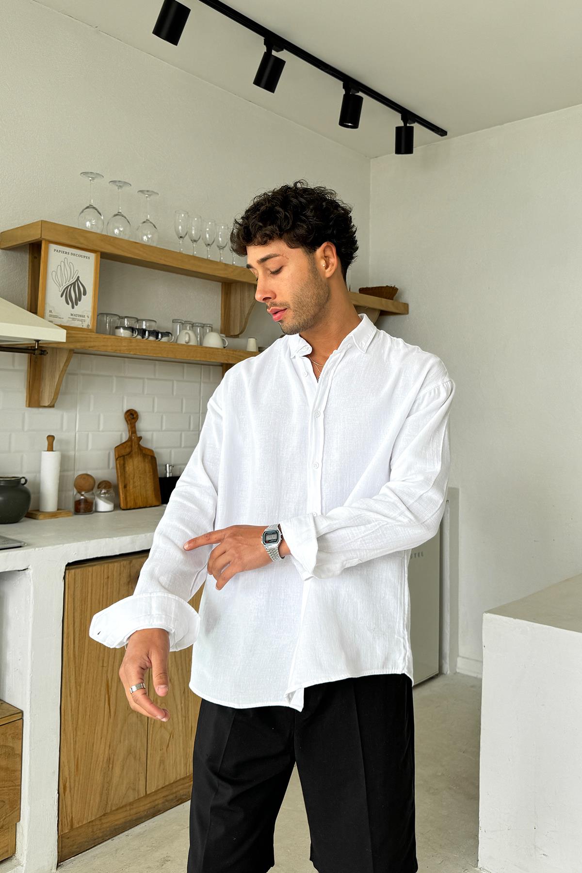 Ekru Basic Oversize Gömlek