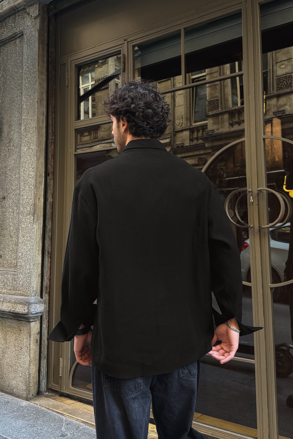 Basic Tensel Kumaş Siyah Oversize Gömlek