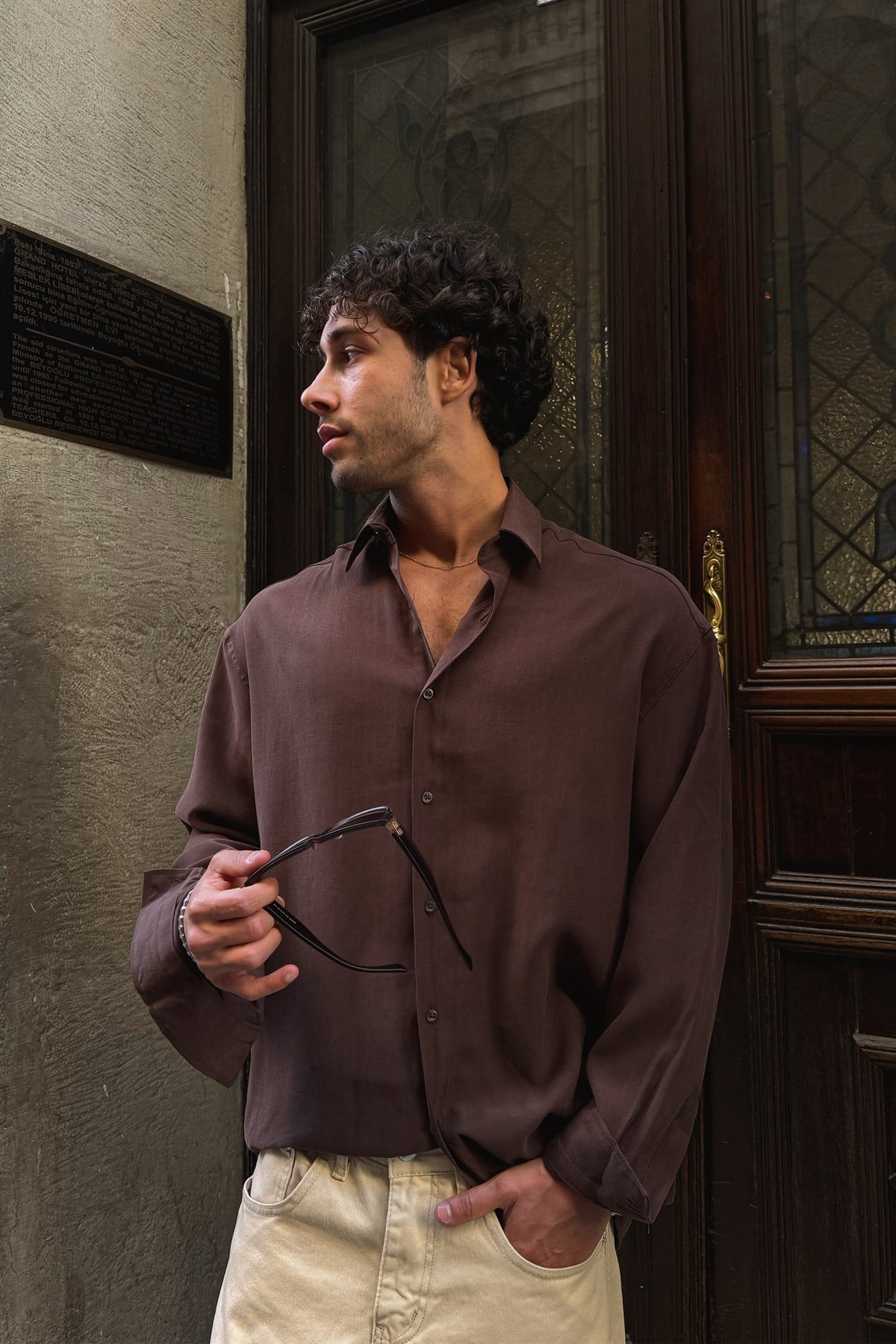 Basic Tensel Kumaş Kahverengi Oversize Gömlek