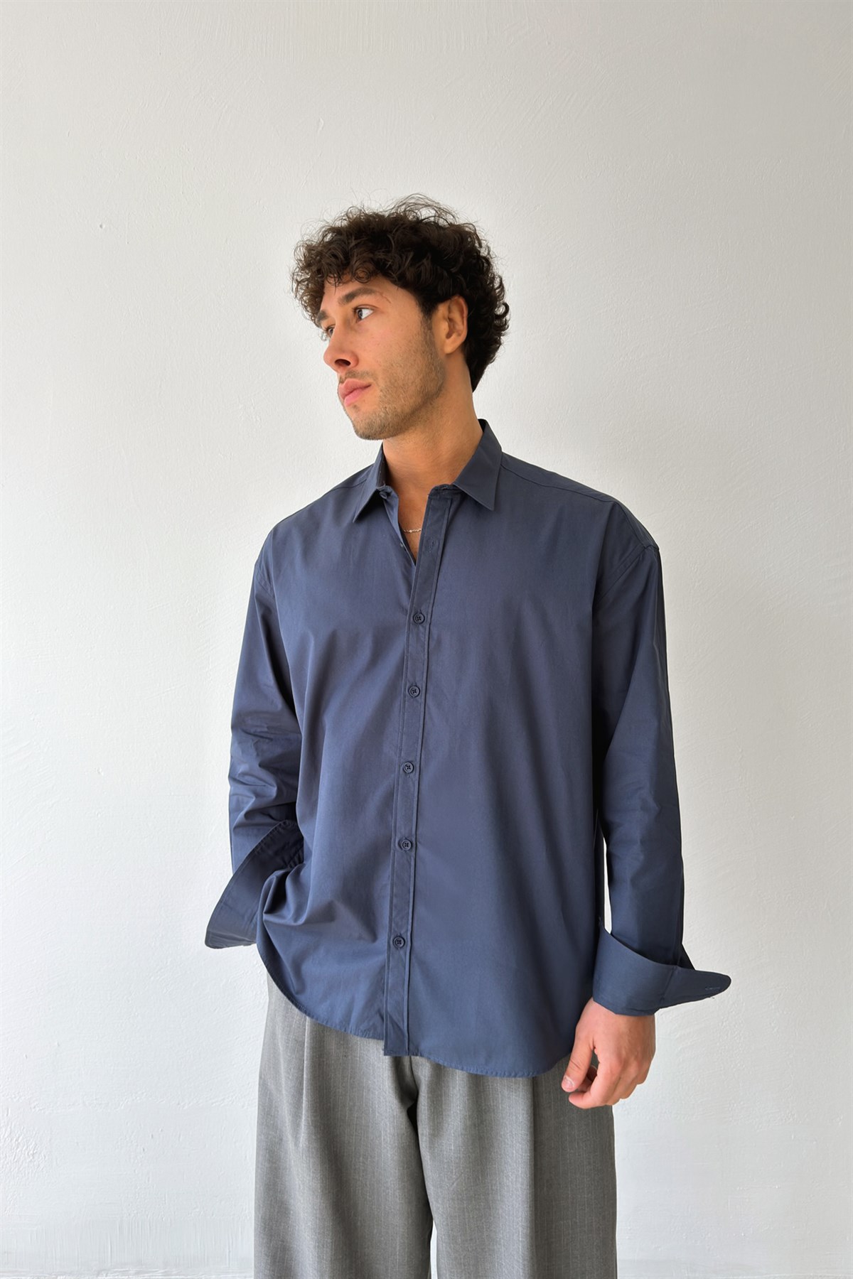 Basic Lacivert Poplin Oversize Gömlek