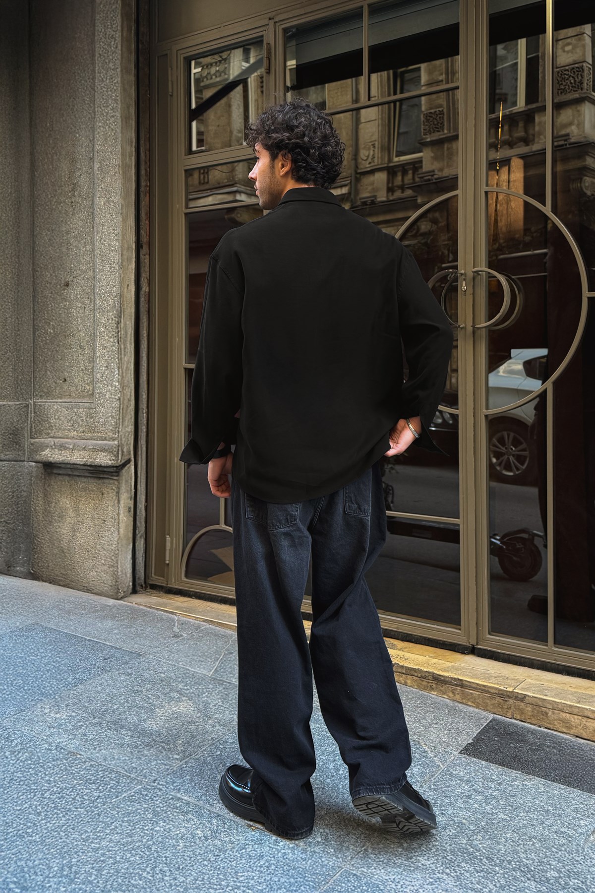 Basic Tensel Kumaş Siyah Oversize Gömlek