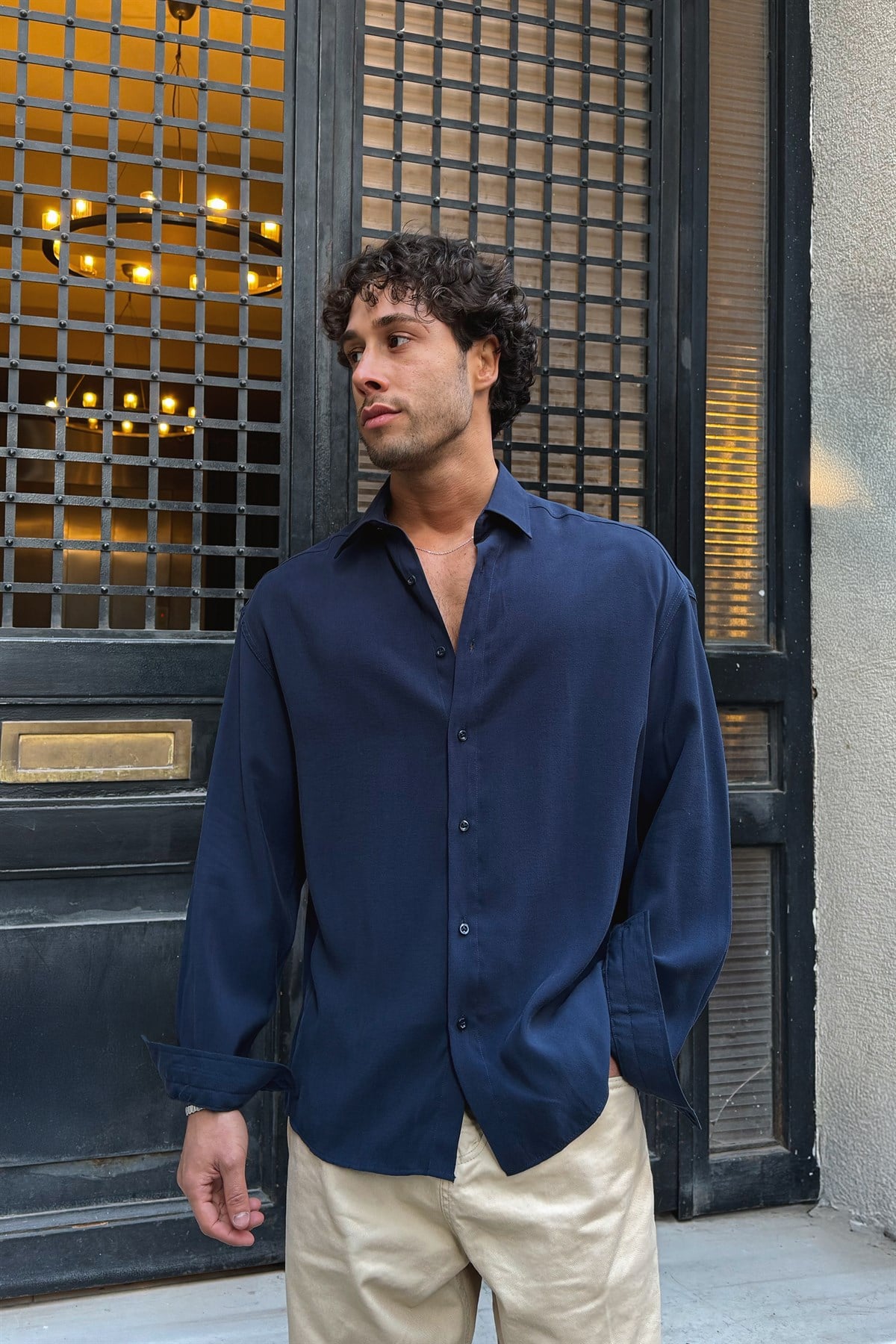 Basic Tensel Kumaş Lacivert Oversize Gömlek