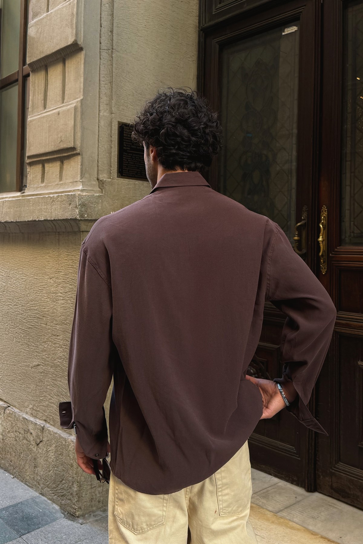 Basic Tensel Kumaş Kahverengi Oversize Gömlek