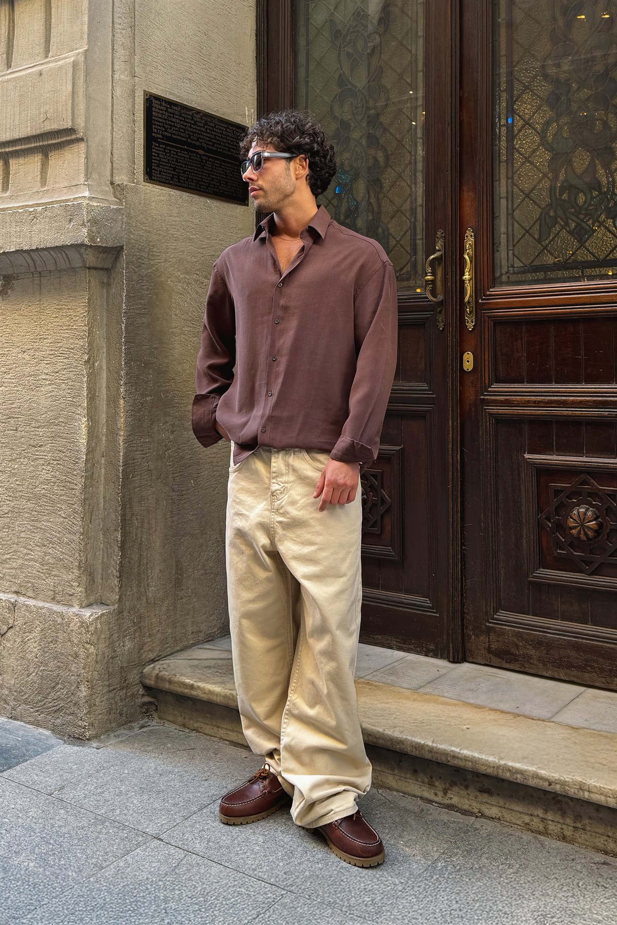 Basic Tensel Kumaş Kahverengi Oversize Gömlek