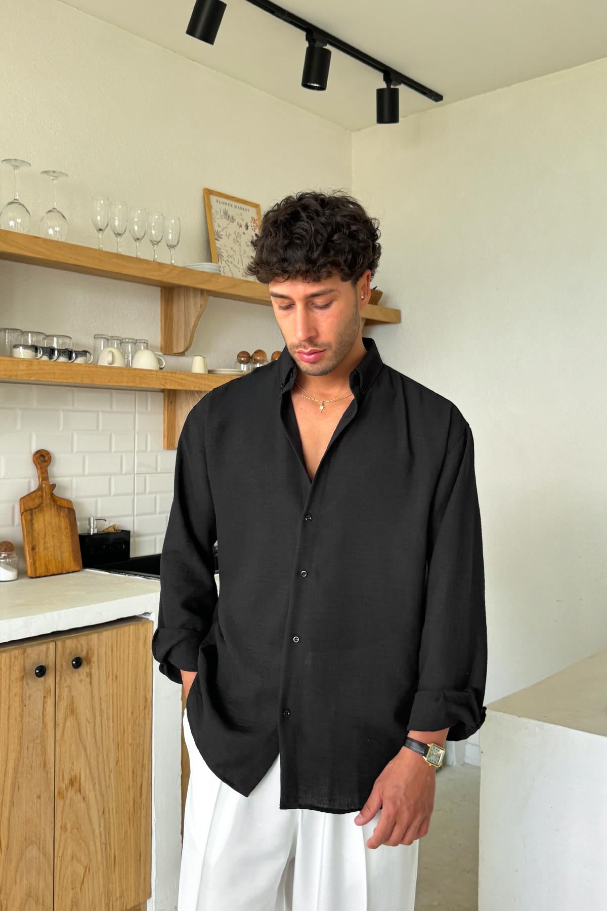 Uzun Kollu Basic Oversize Gömlek Siyah