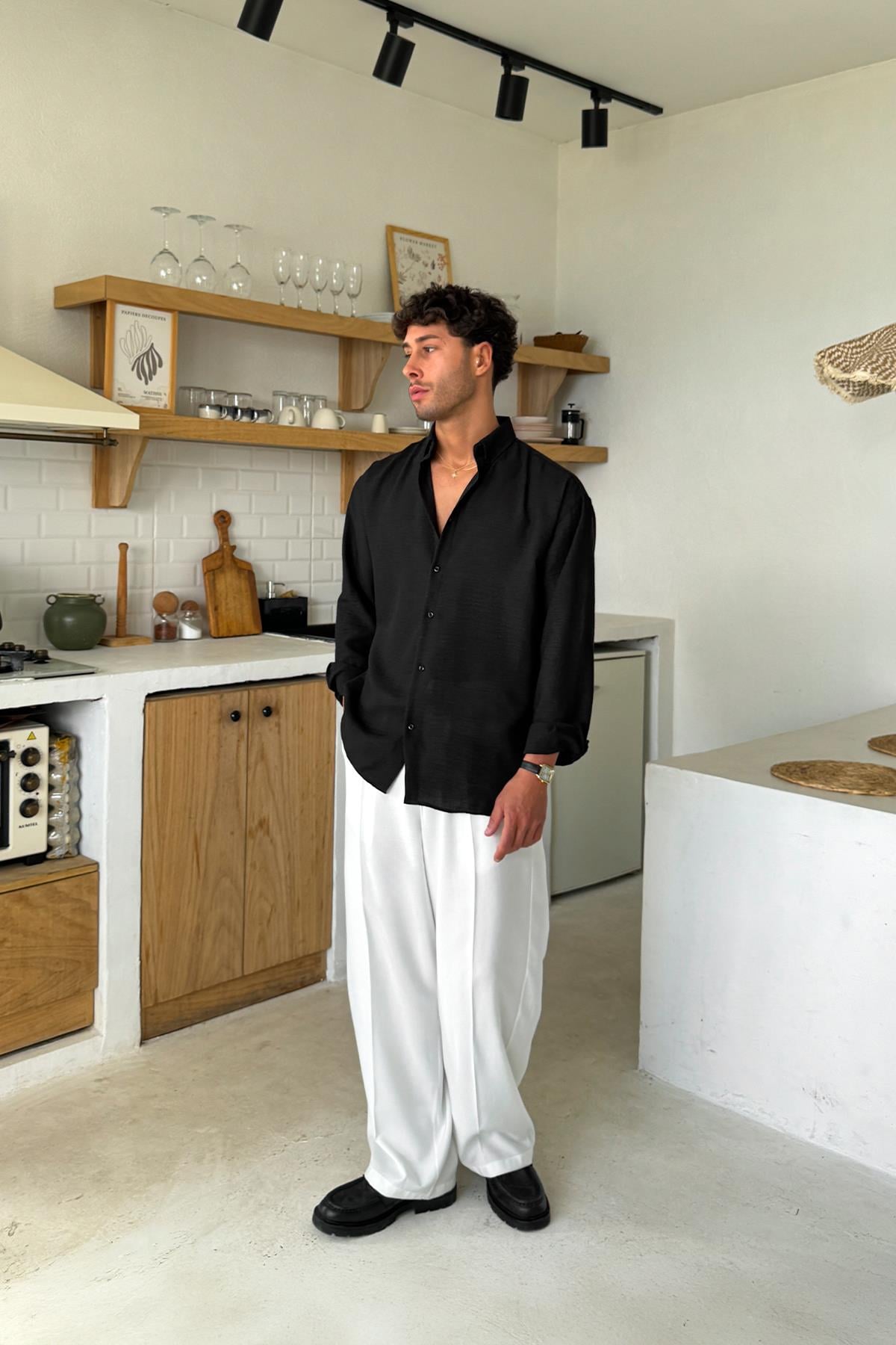Uzun Kollu Basic Oversize Gömlek Siyah