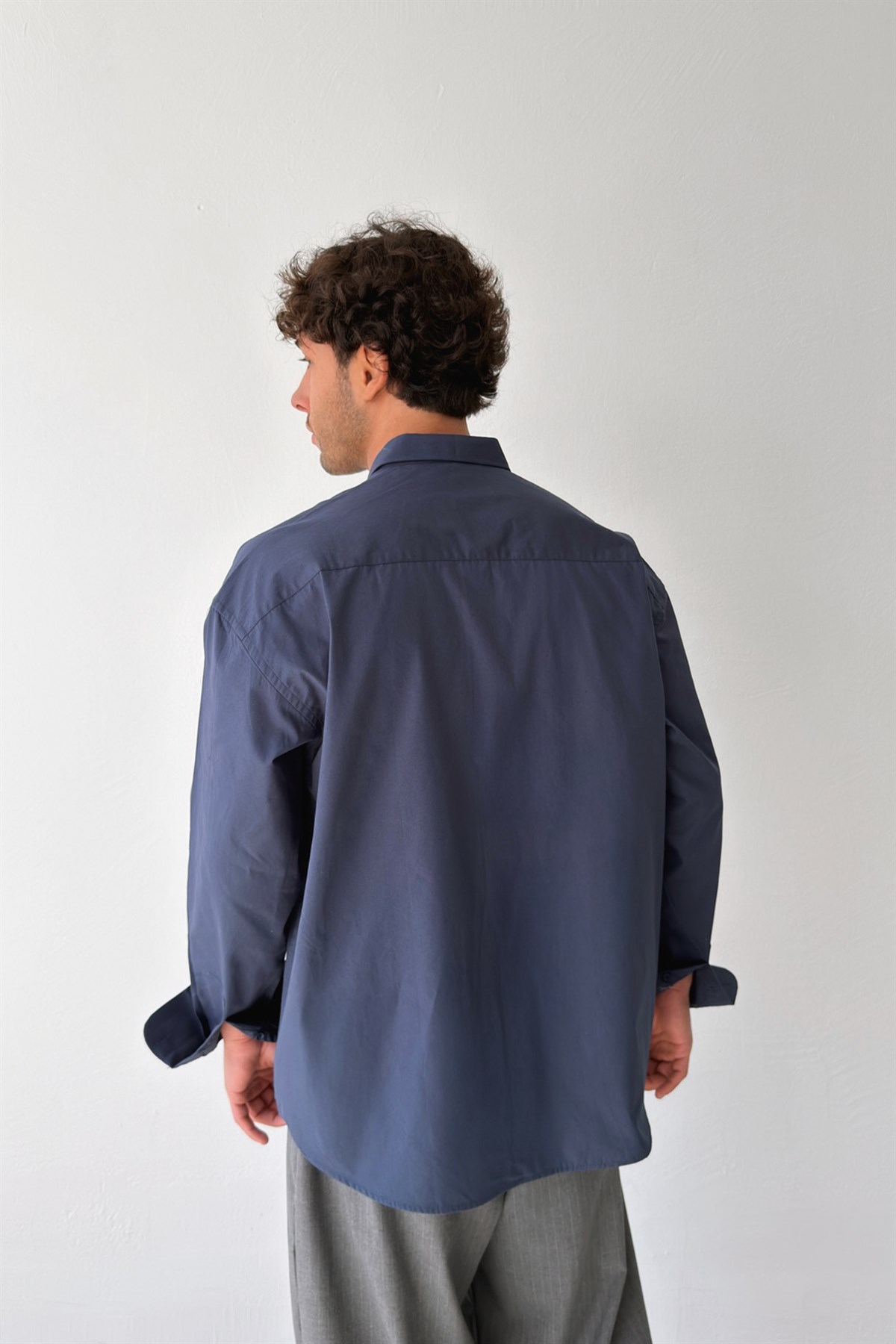 Basic Lacivert Poplin Oversize Gömlek