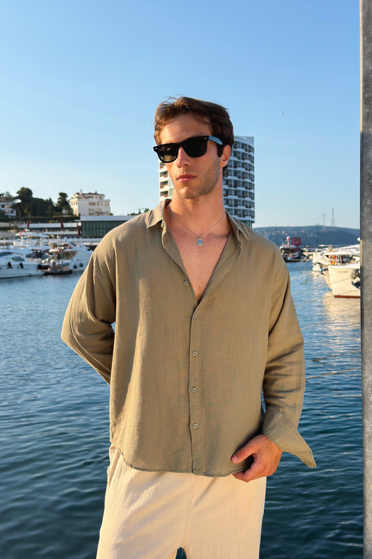 Basic Oversize Haki Ham Keten Gömlek
