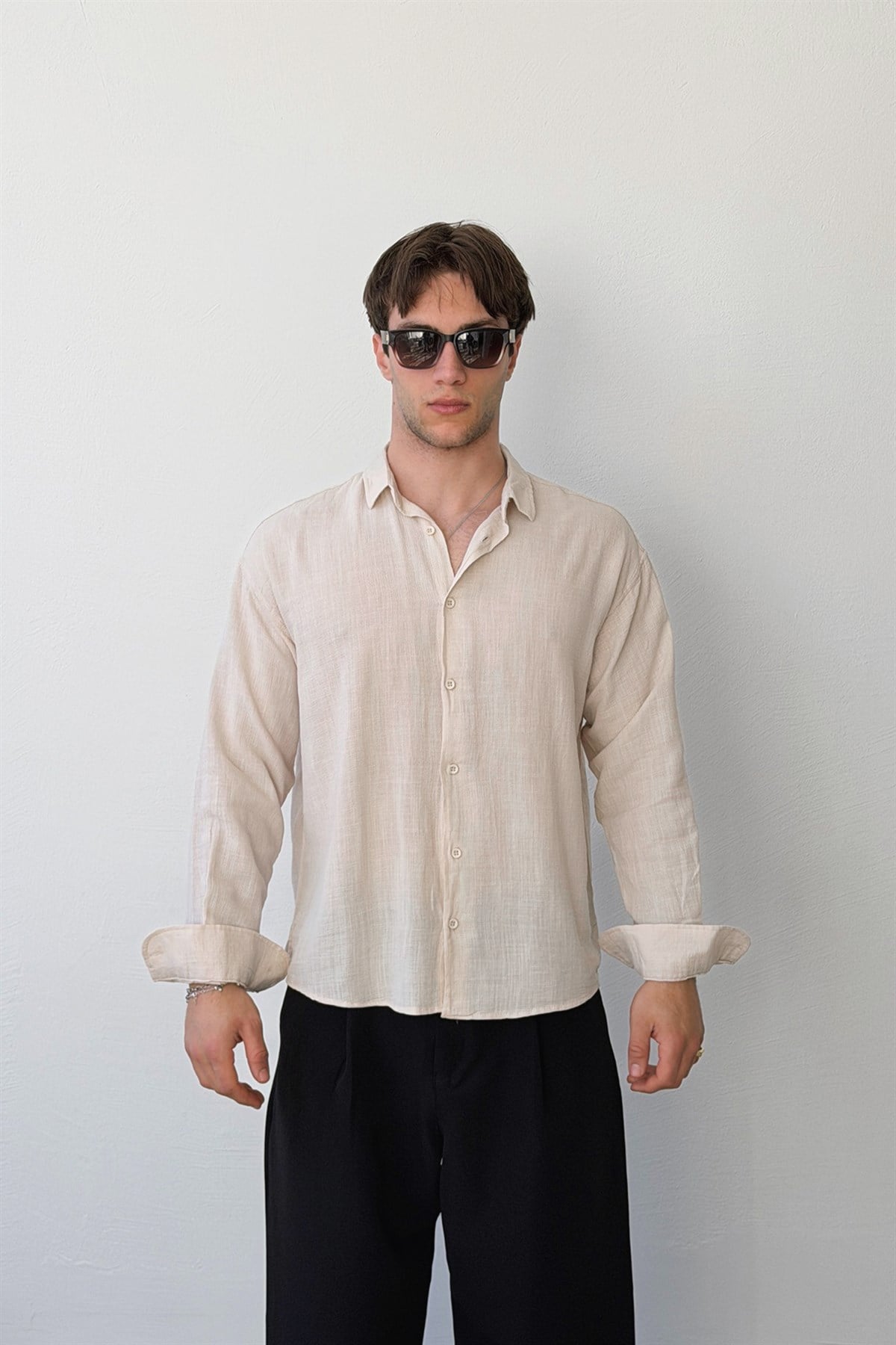 Basic Oversize Bej Ham Keten Gömlek