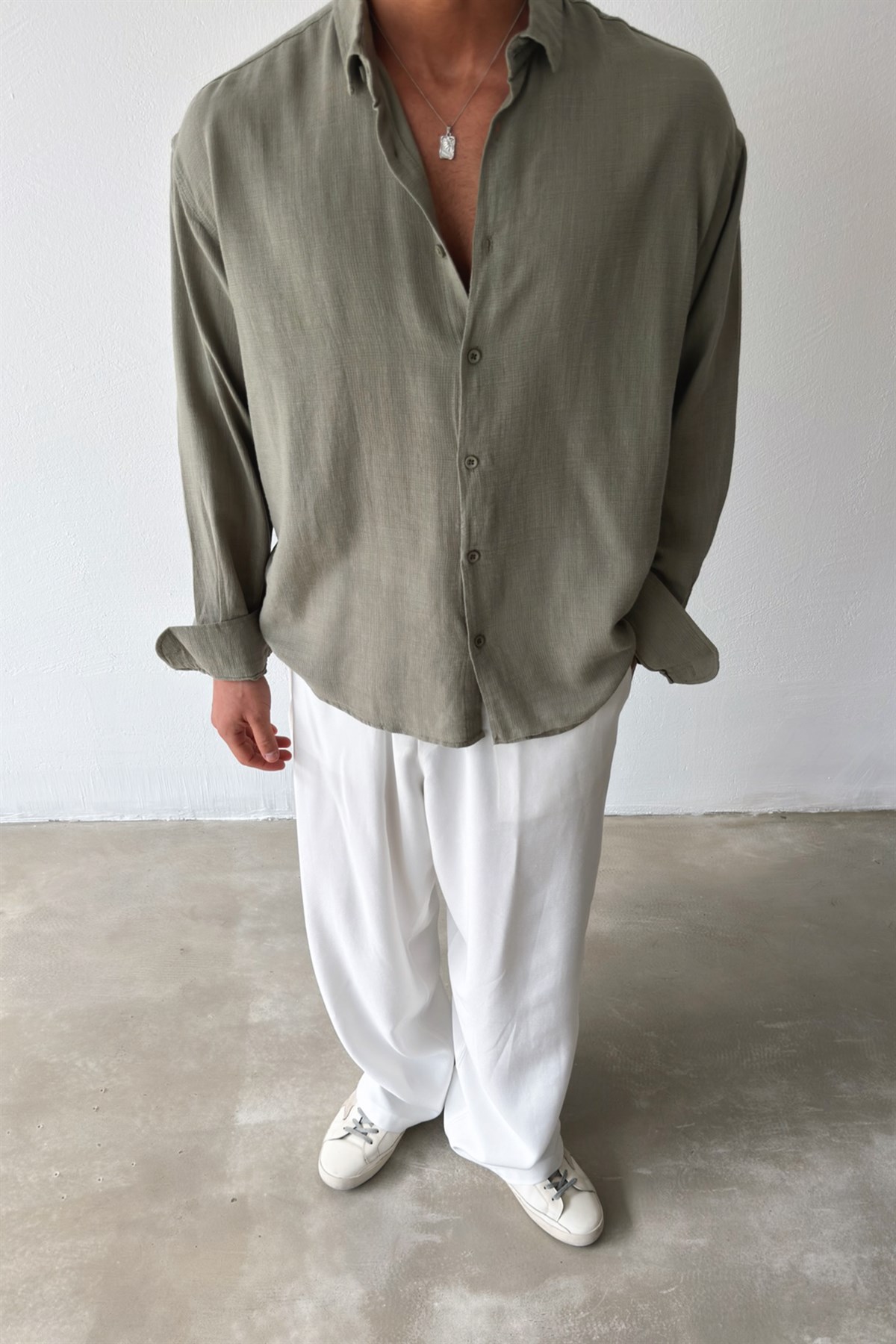Basic Oversize Haki Ham Keten Gömlek