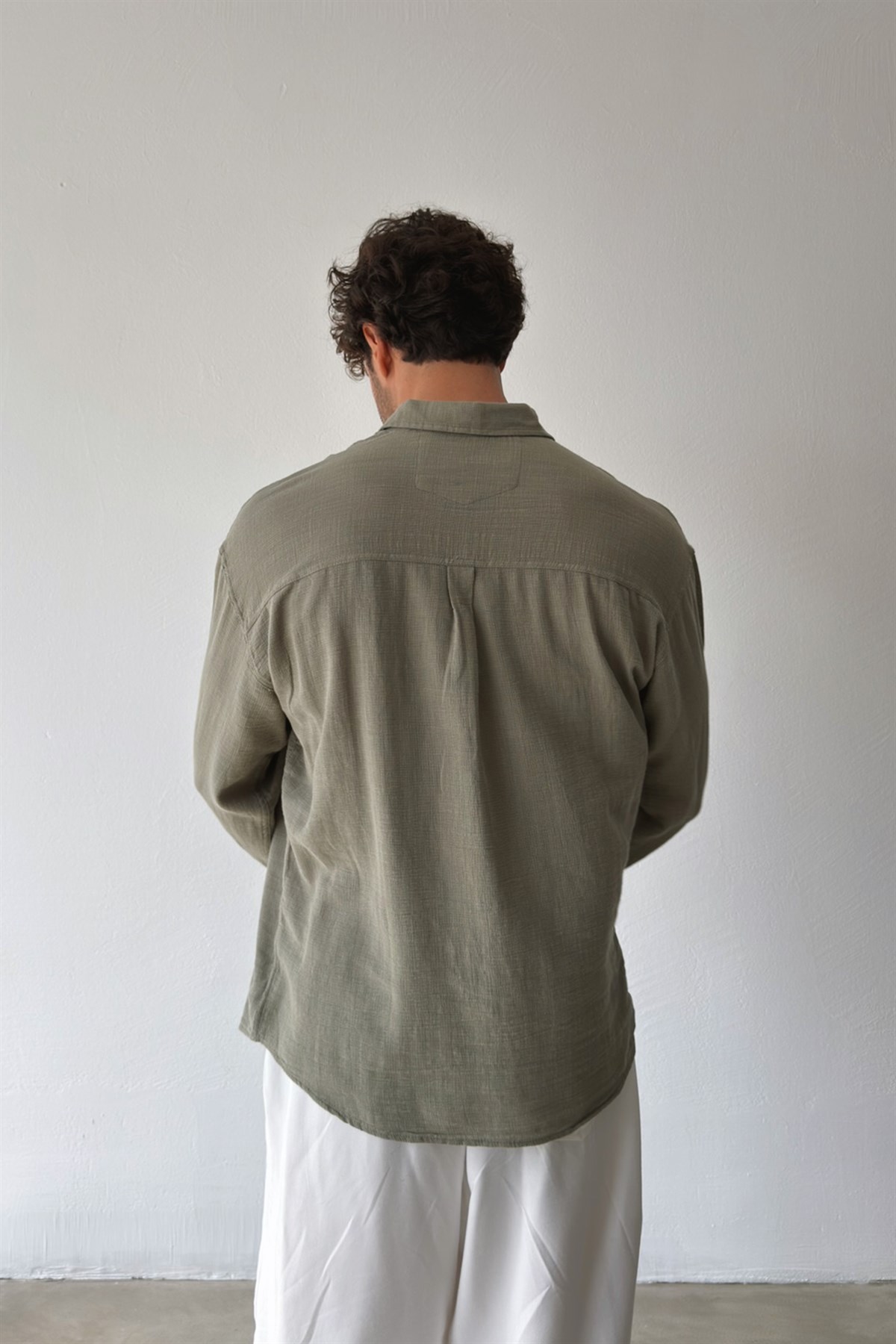 Basic Oversize Haki Ham Keten Gömlek