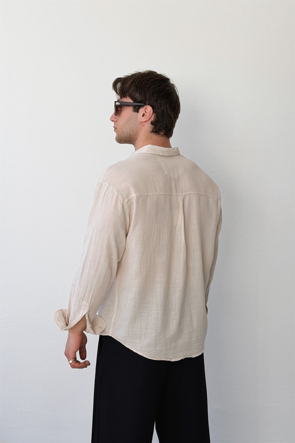 Basic Oversize Bej Ham Keten Gömlek