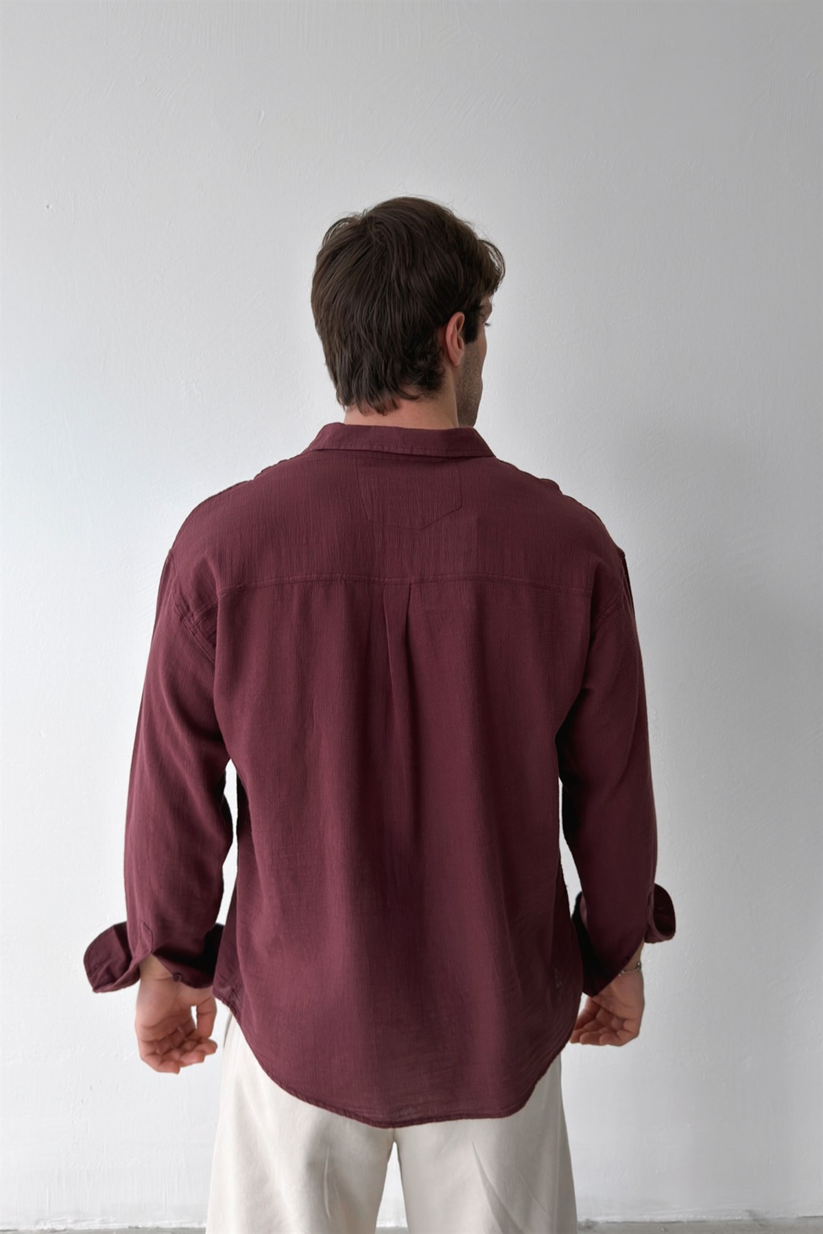 Basic Oversize Bordo Ham Keten Gömlek