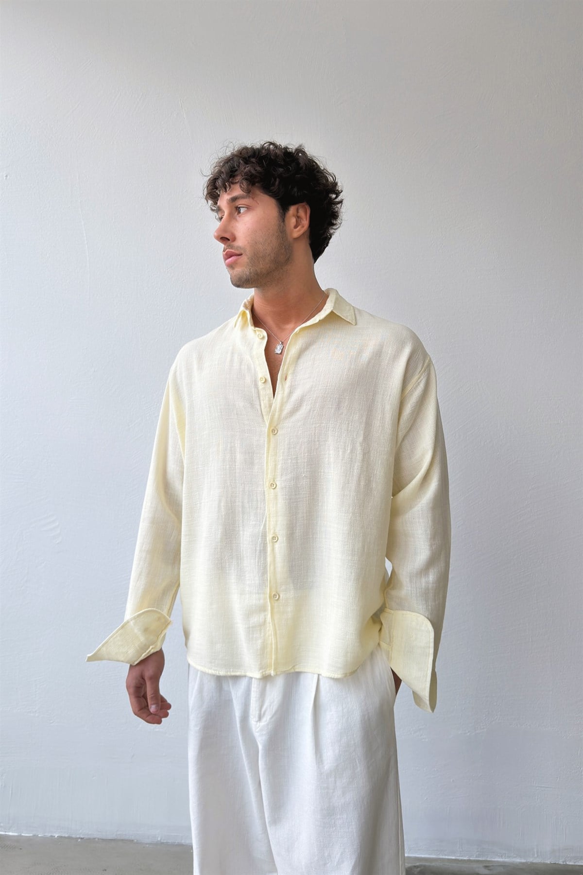 Basic Oversize Sarı Ham Keten Gömlek