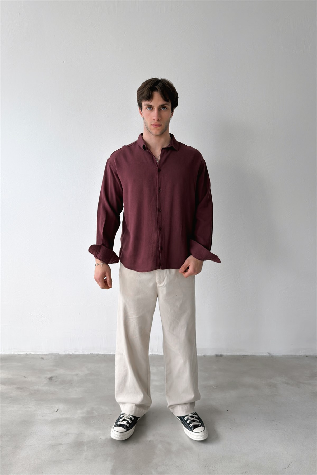Basic Oversize Bordo Ham Keten Gömlek