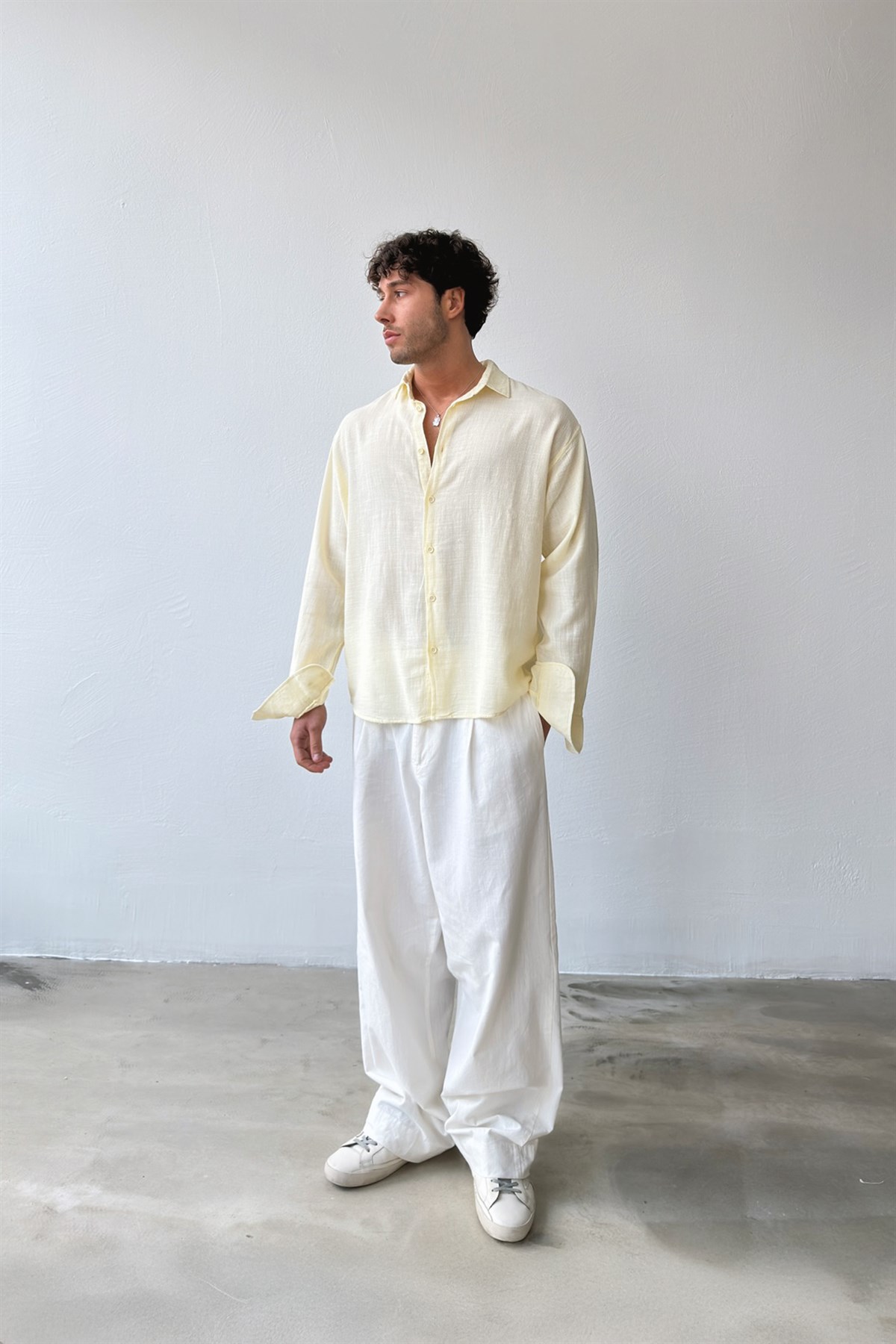 Basic Oversize Sarı Ham Keten Gömlek