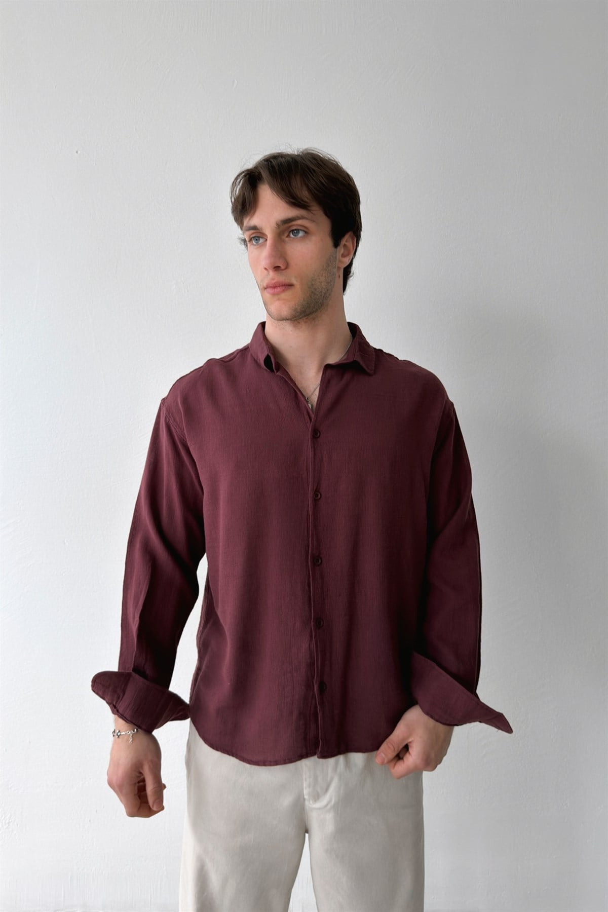 Basic Oversize Bordo Ham Keten Gömlek