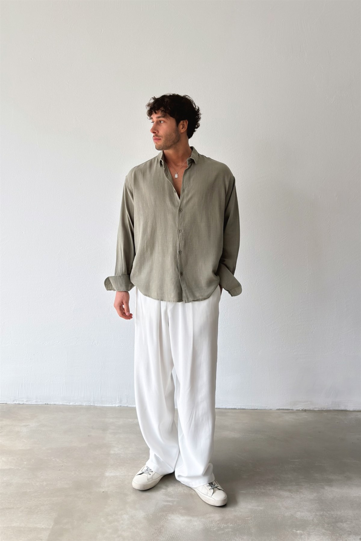 Basic Oversize Haki Ham Keten Gömlek
