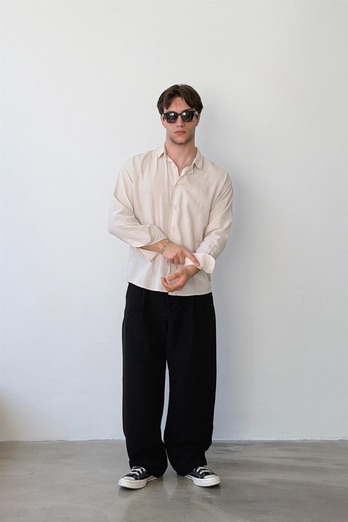 Basic Oversize Bej Ham Keten Gömlek