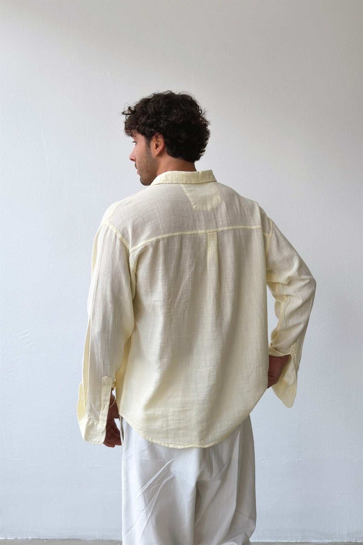 Basic Oversize Sarı Ham Keten Gömlek
