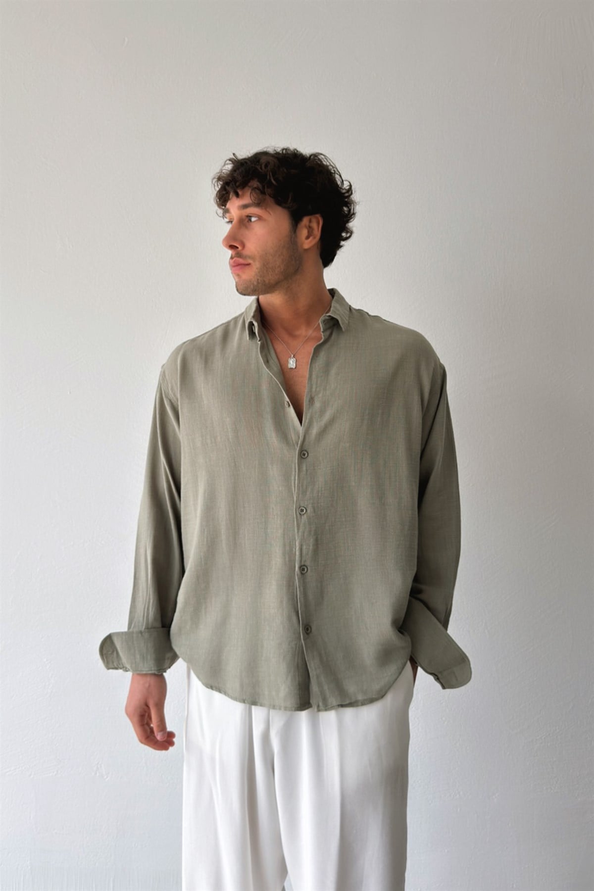 Basic Oversize Haki Ham Keten Gömlek