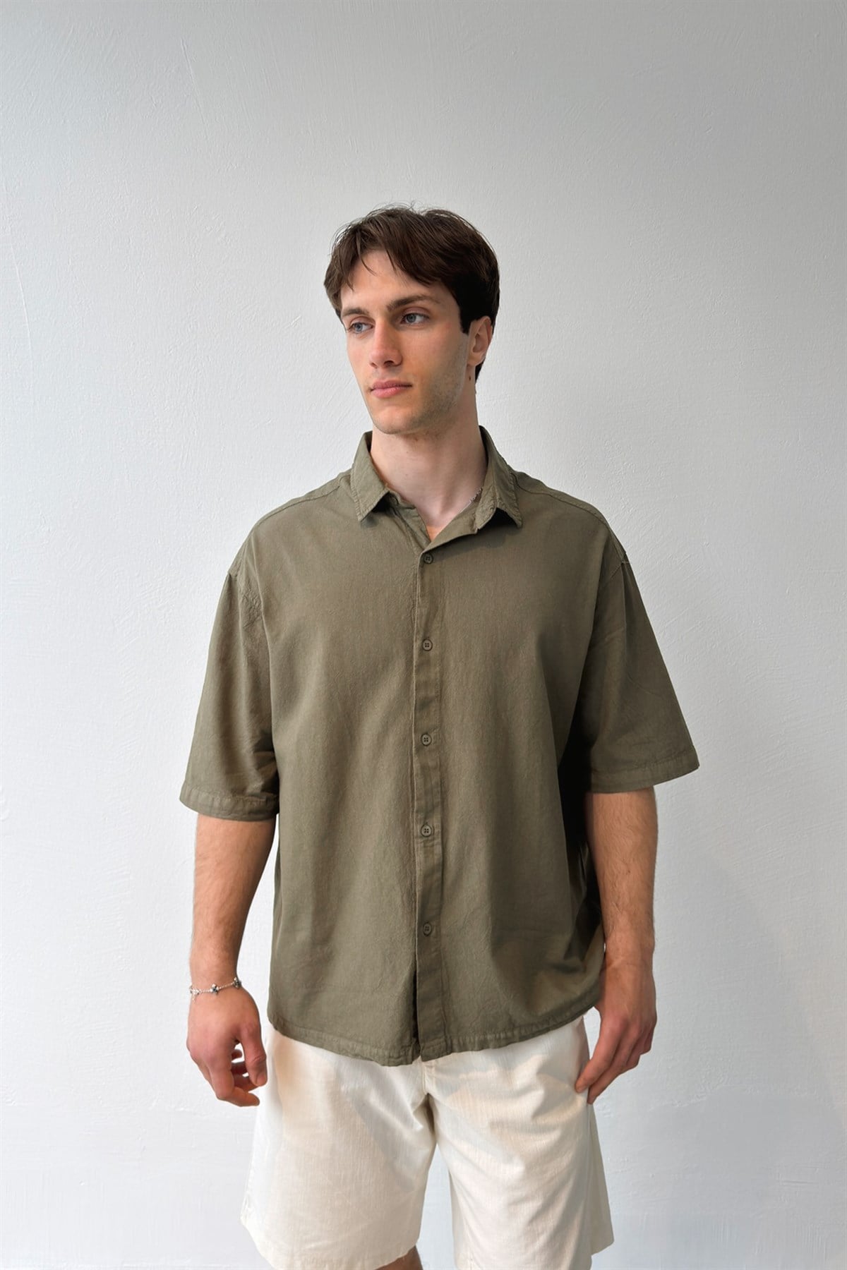 Basic Oversize Kısa Kol Keten Gömlek Koyu Haki