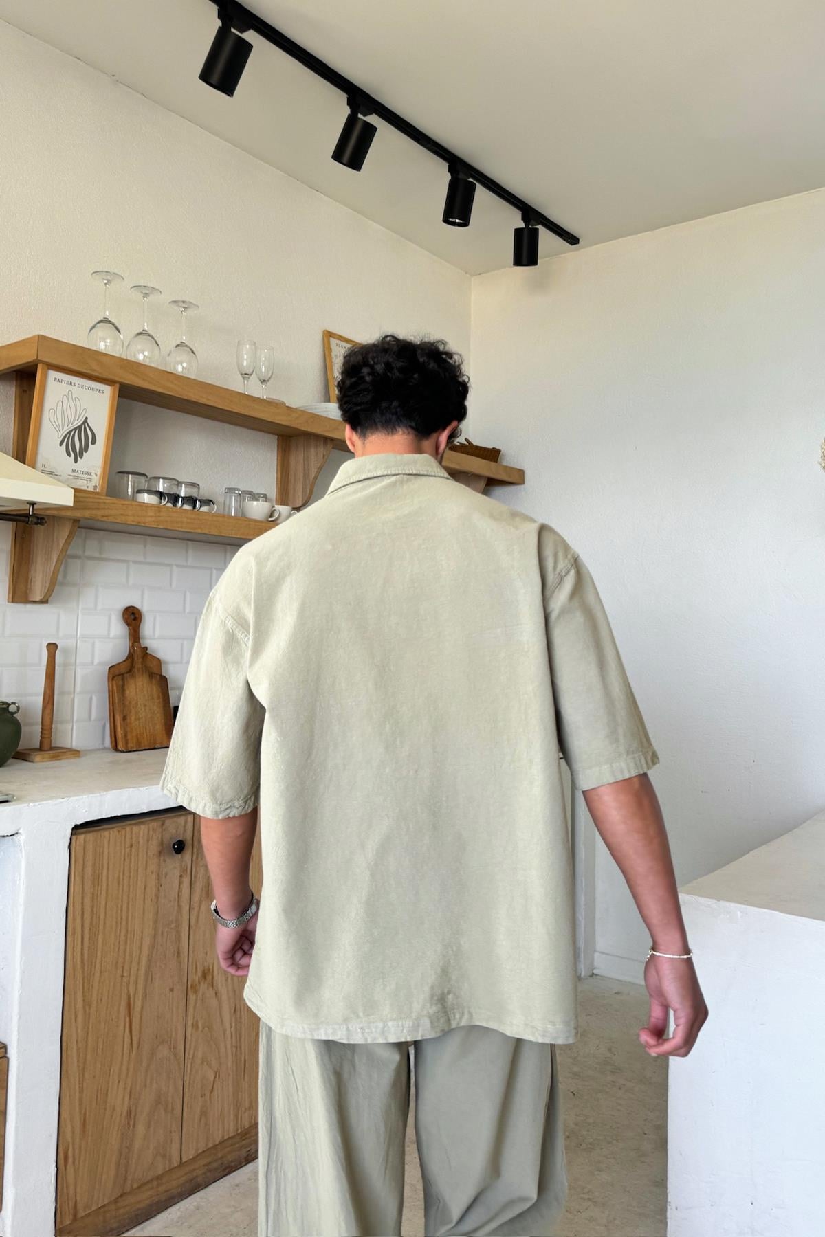 Basic Oversize Kısa Kol Keten Gömlek Haki