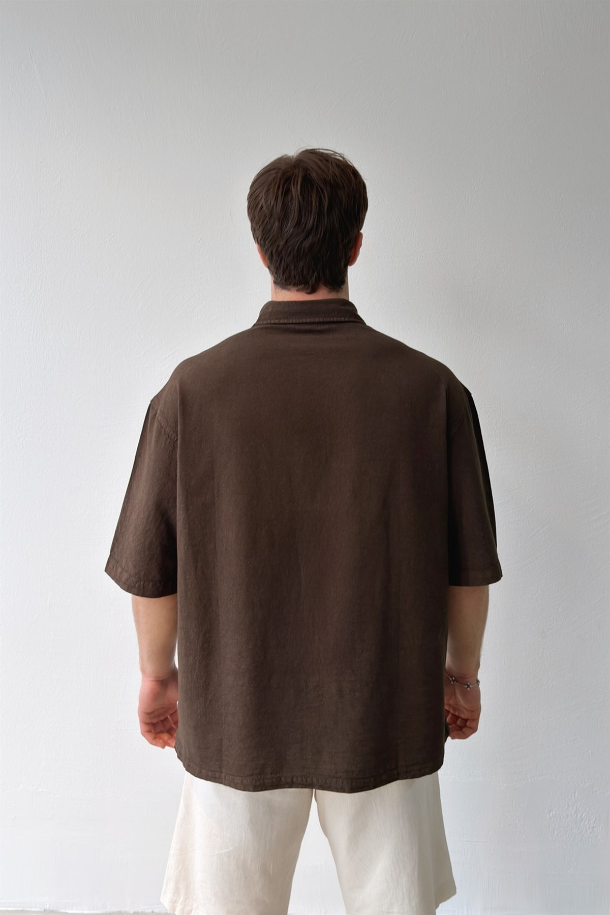 Basic Oversize Kısa Kol Keten Gömlek Koyu Kahve