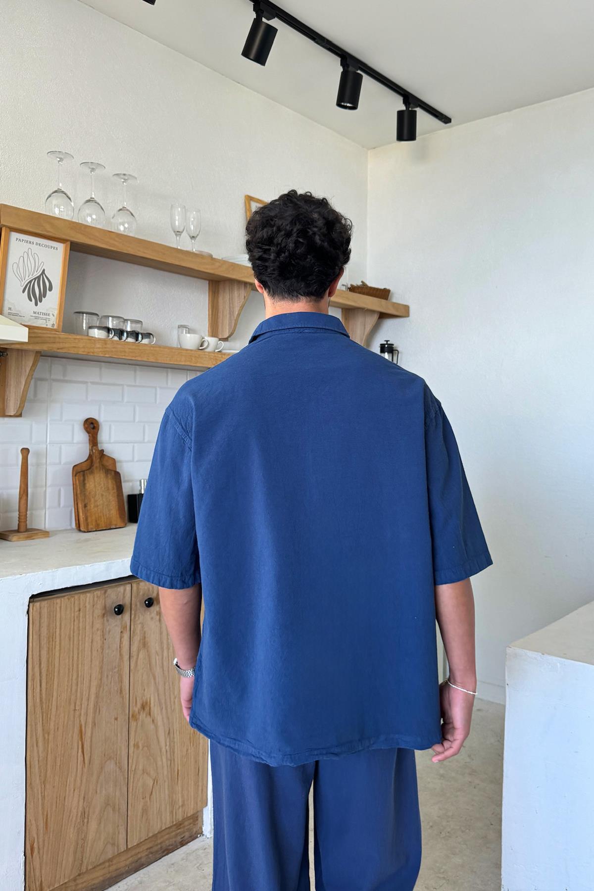 Basic Oversize Kısa Kol Keten Gömlek Lacivert